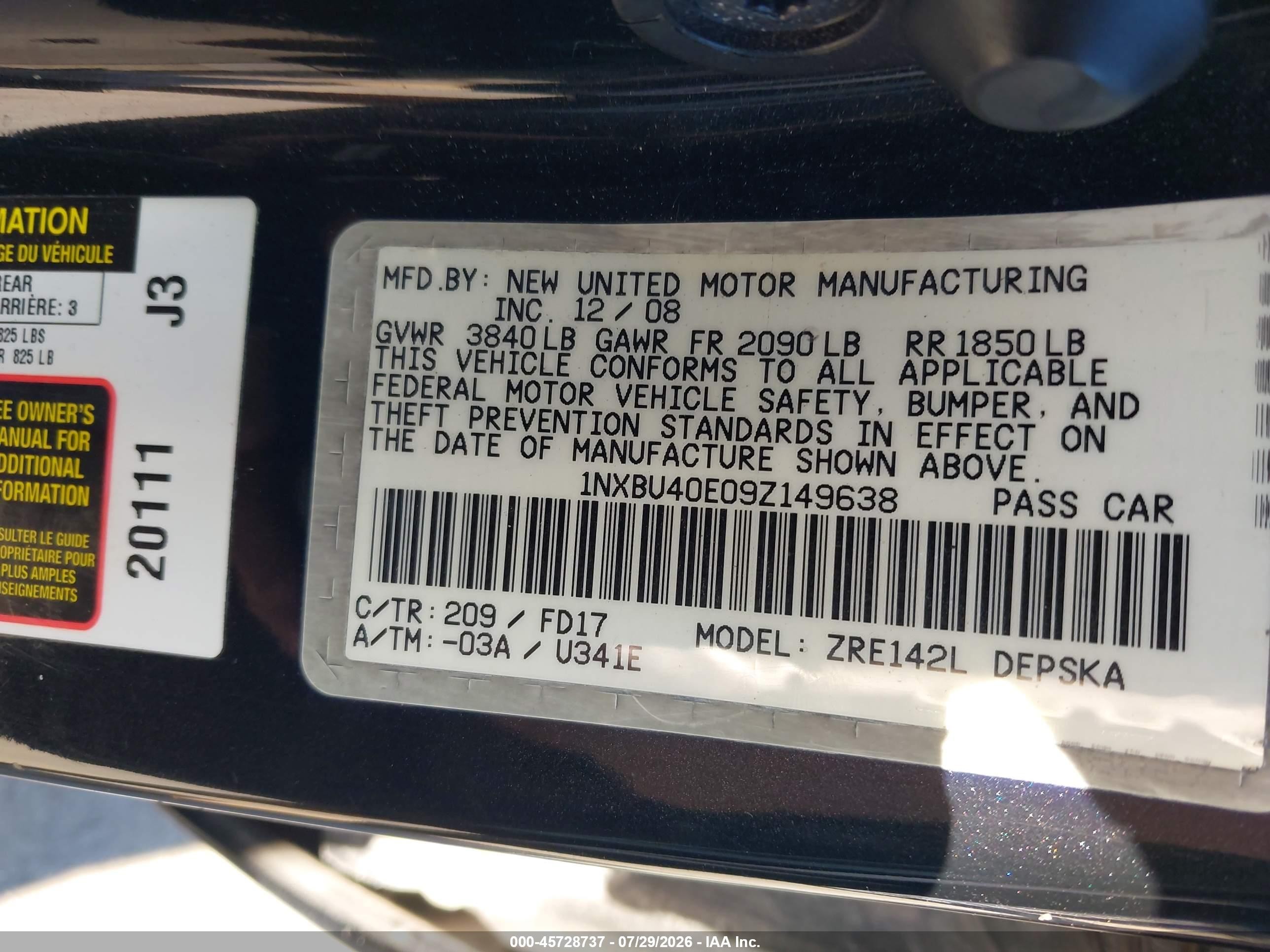 2009 Toyota Corolla S Black vin: 1NXBU40E09Z149638