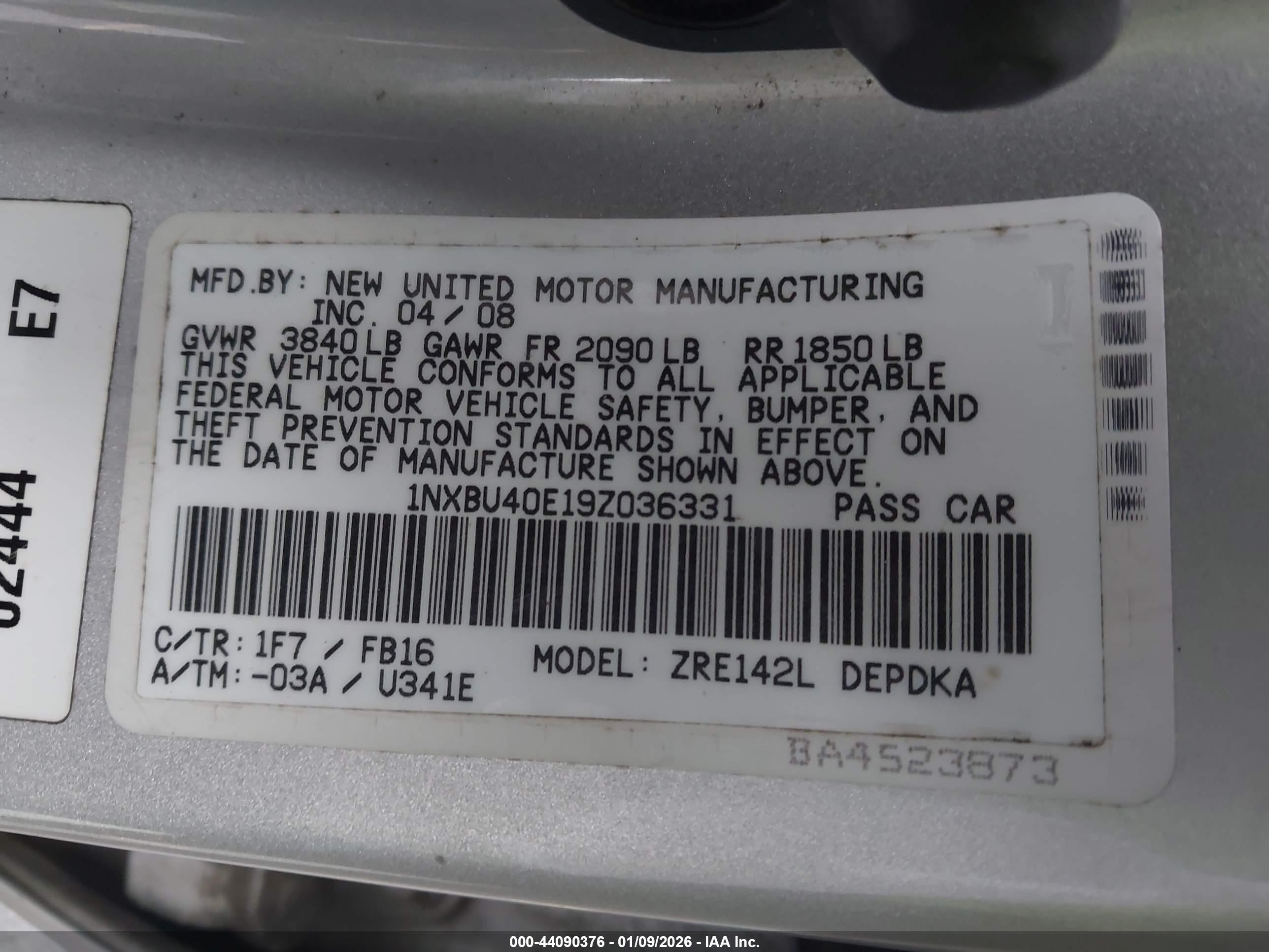 2009 Toyota Corolla Le Silver vin: 1NXBU40E19Z036331