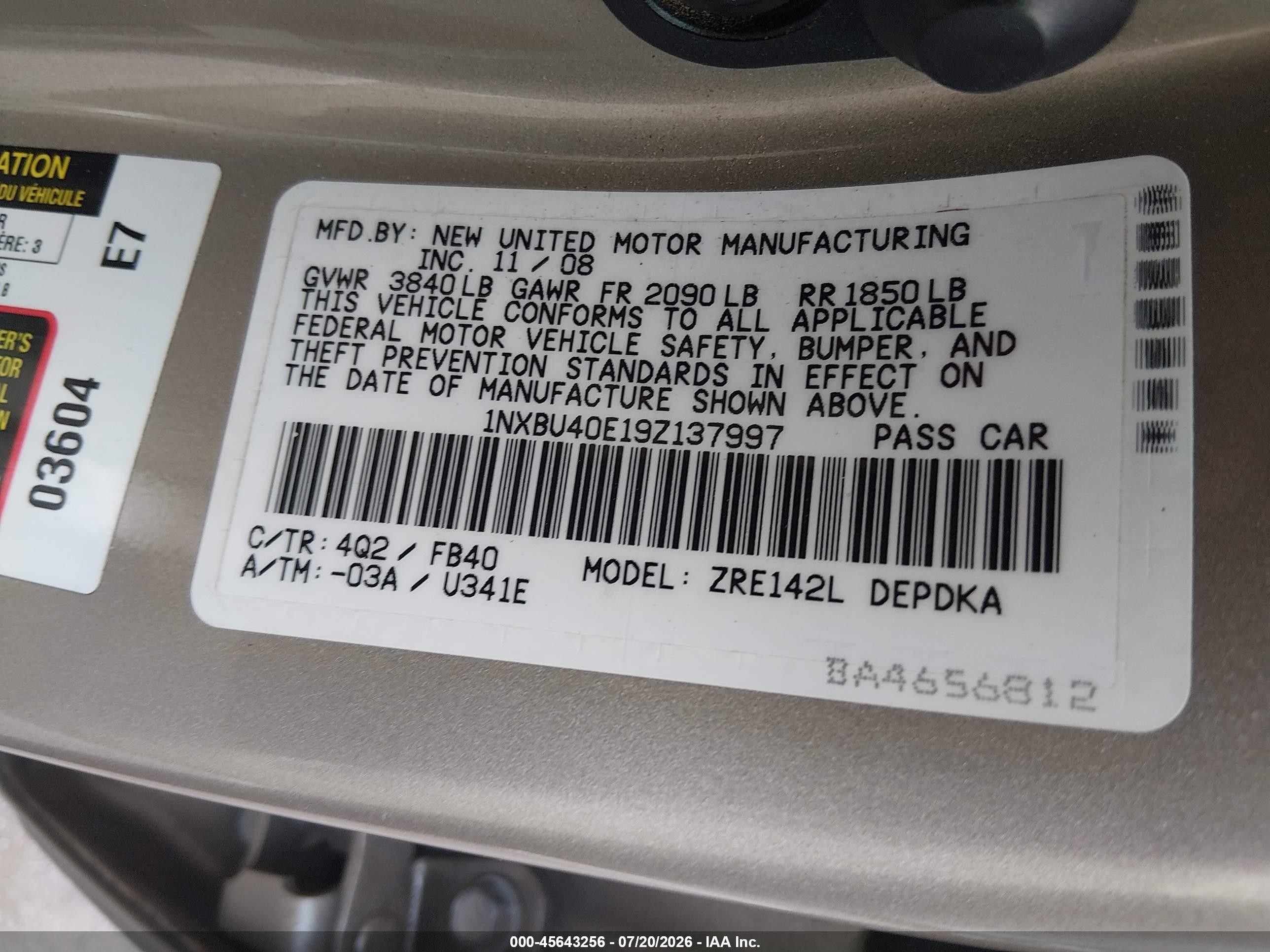 2009 Toyota Corolla Le Золотой vin: 1NXBU40E19Z137997