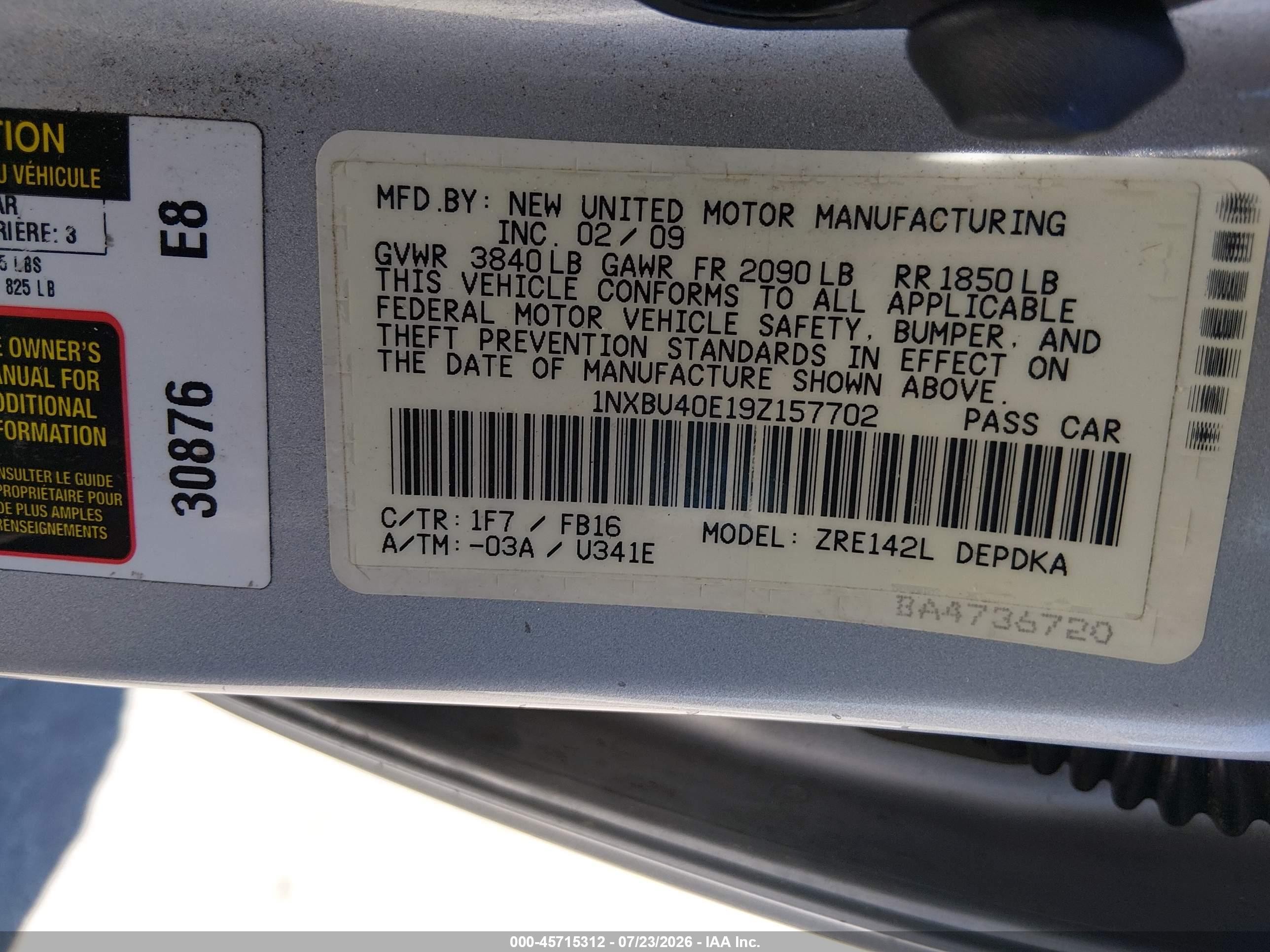 2009 Toyota Corolla Le Silver vin: 1NXBU40E19Z157702