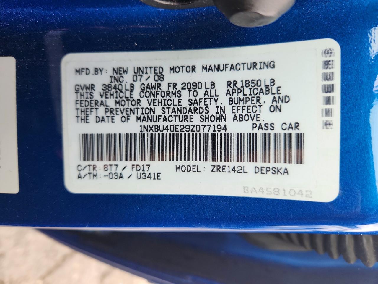 2009 Toyota Corolla S Blue vin: 1NXBU40E29Z077194