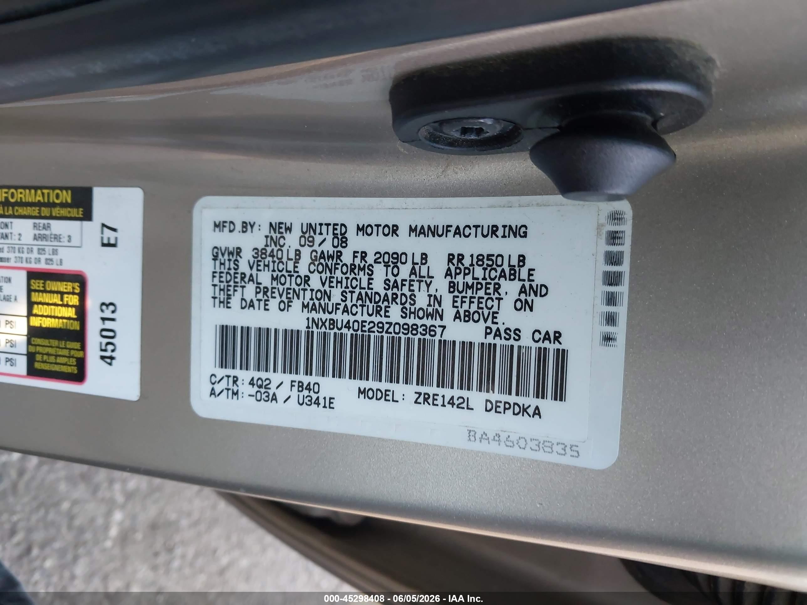 2009 Toyota Corolla Le Beige vin: 1NXBU40E29Z098367