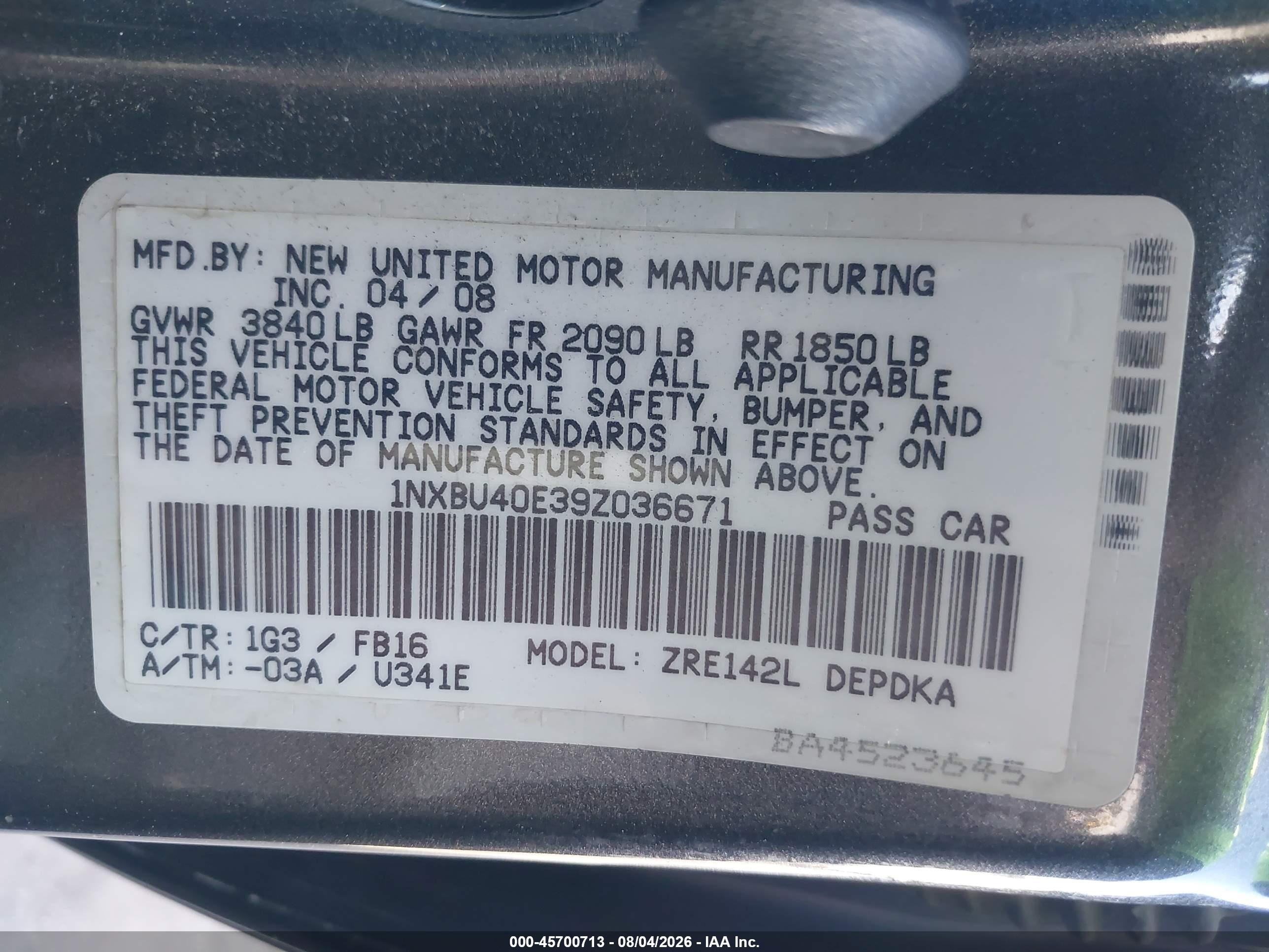 2009 Toyota Corolla Le Gray vin: 1NXBU40E39Z036671