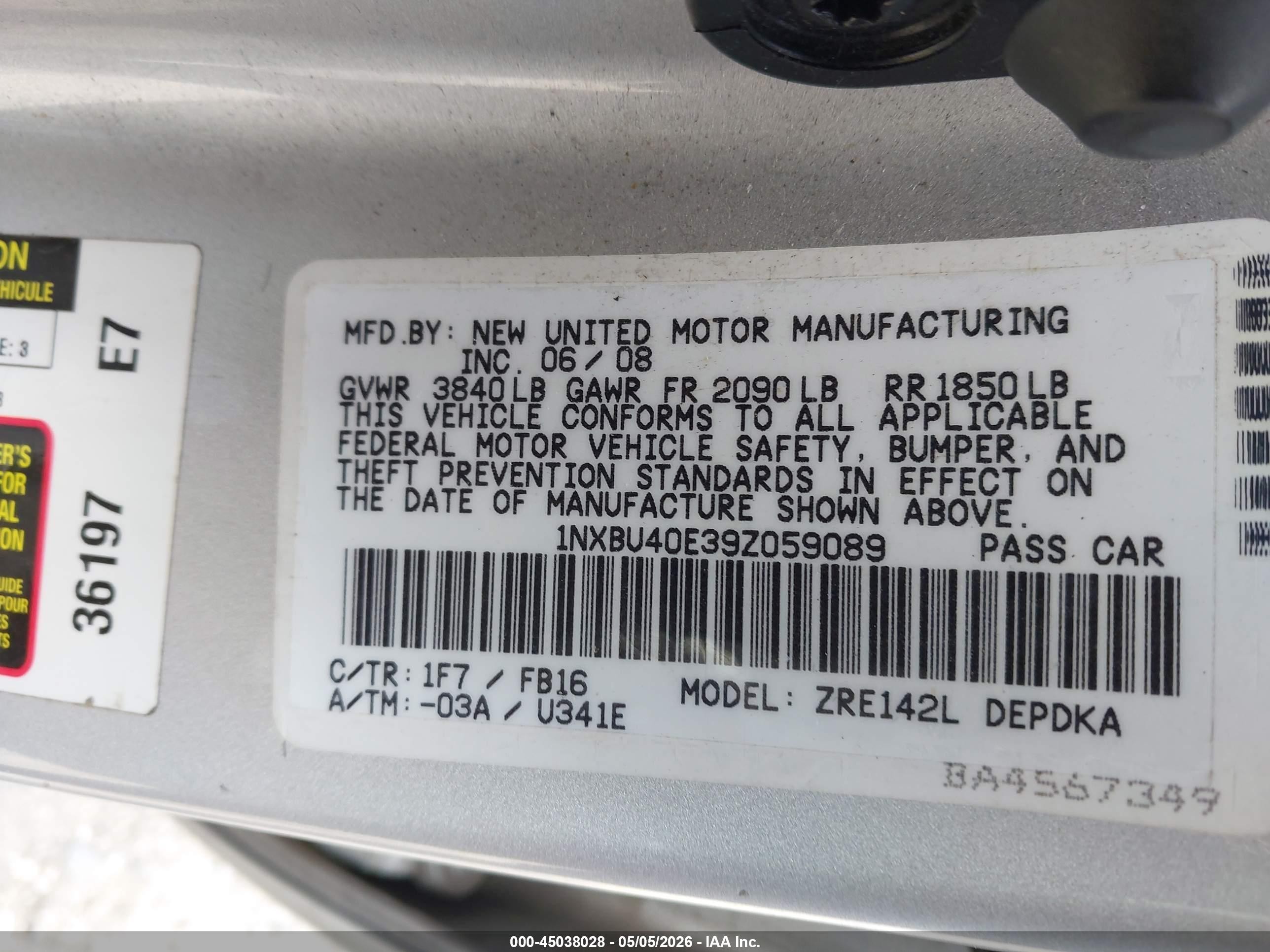 2009 Toyota Corolla Le Silver vin: 1NXBU40E39Z059089