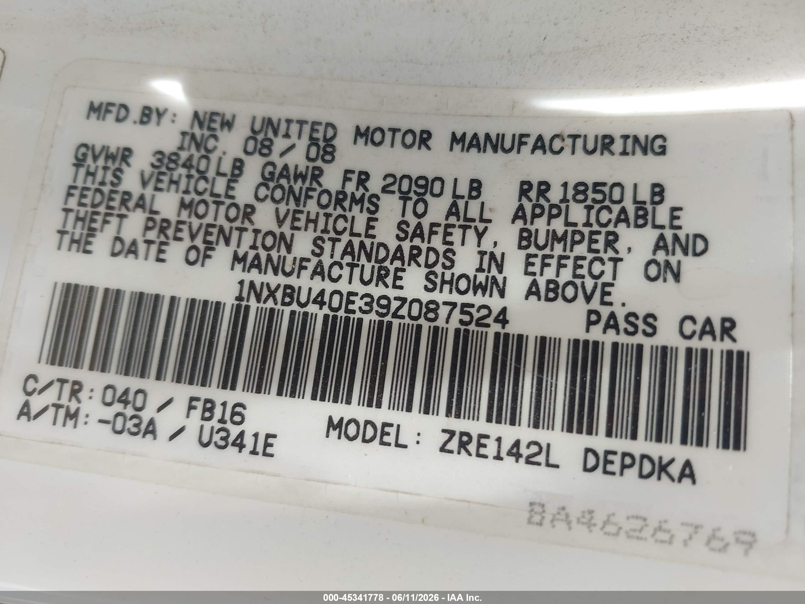 2009 Toyota Corolla   White vin: 1NXBU40E39Z087524