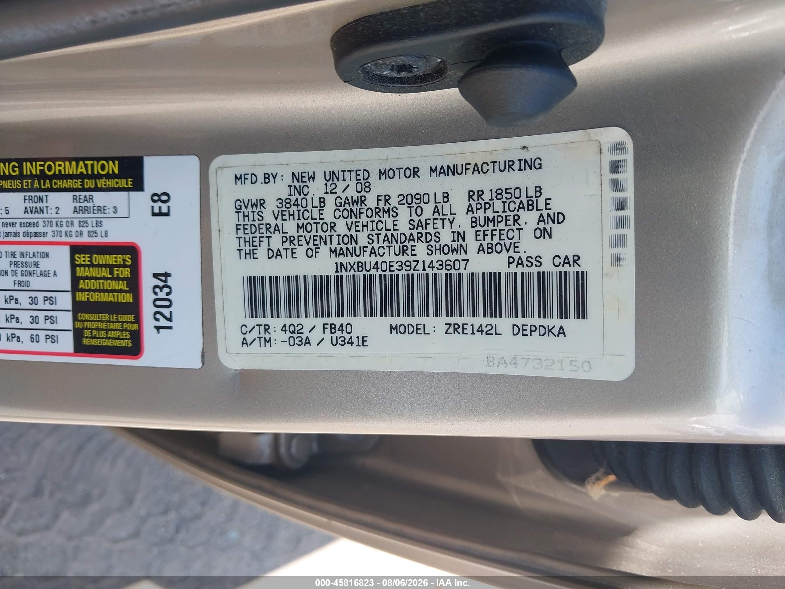 2009 Toyota Corolla Le Gold vin: 1NXBU40E39Z143607