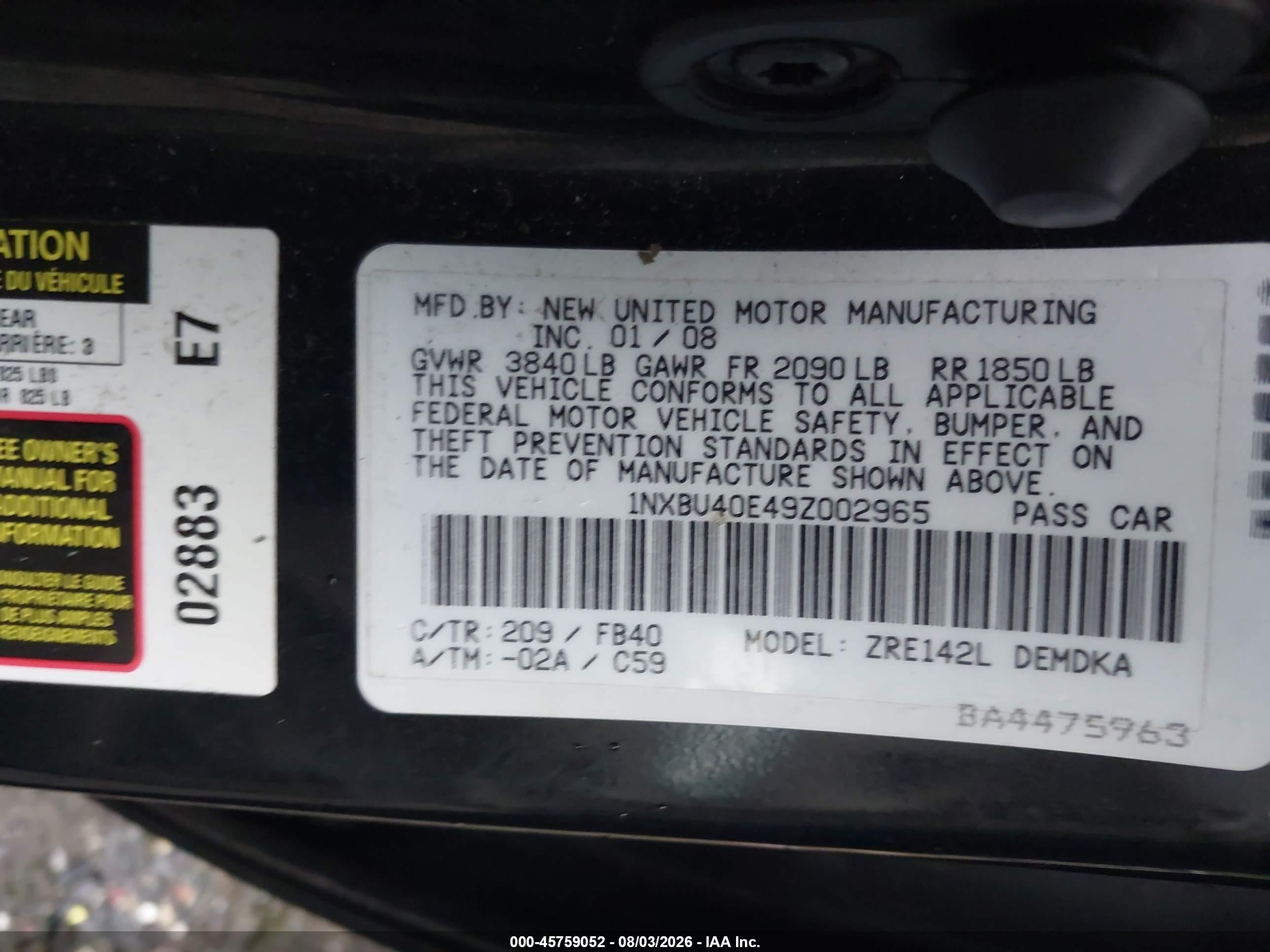 2009 Toyota Corolla Black vin: 1NXBU40E49Z002965