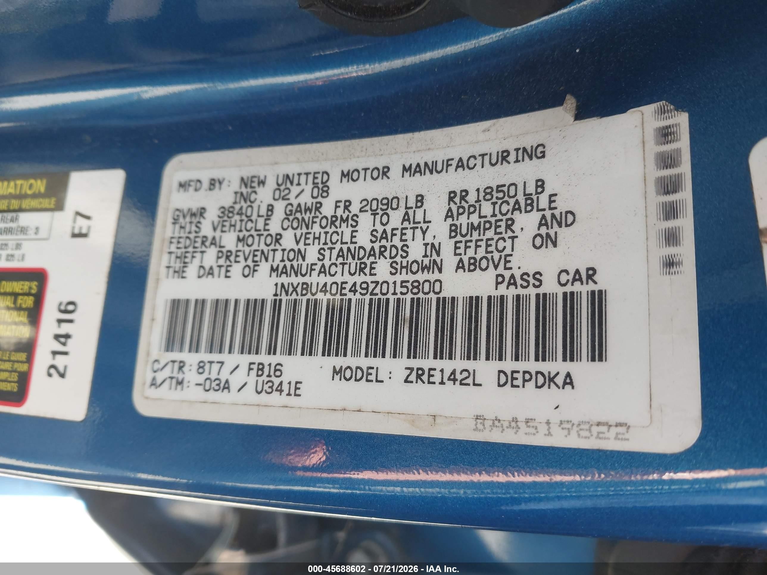 2009 Toyota Corolla Le Синий vin: 1NXBU40E49Z015800