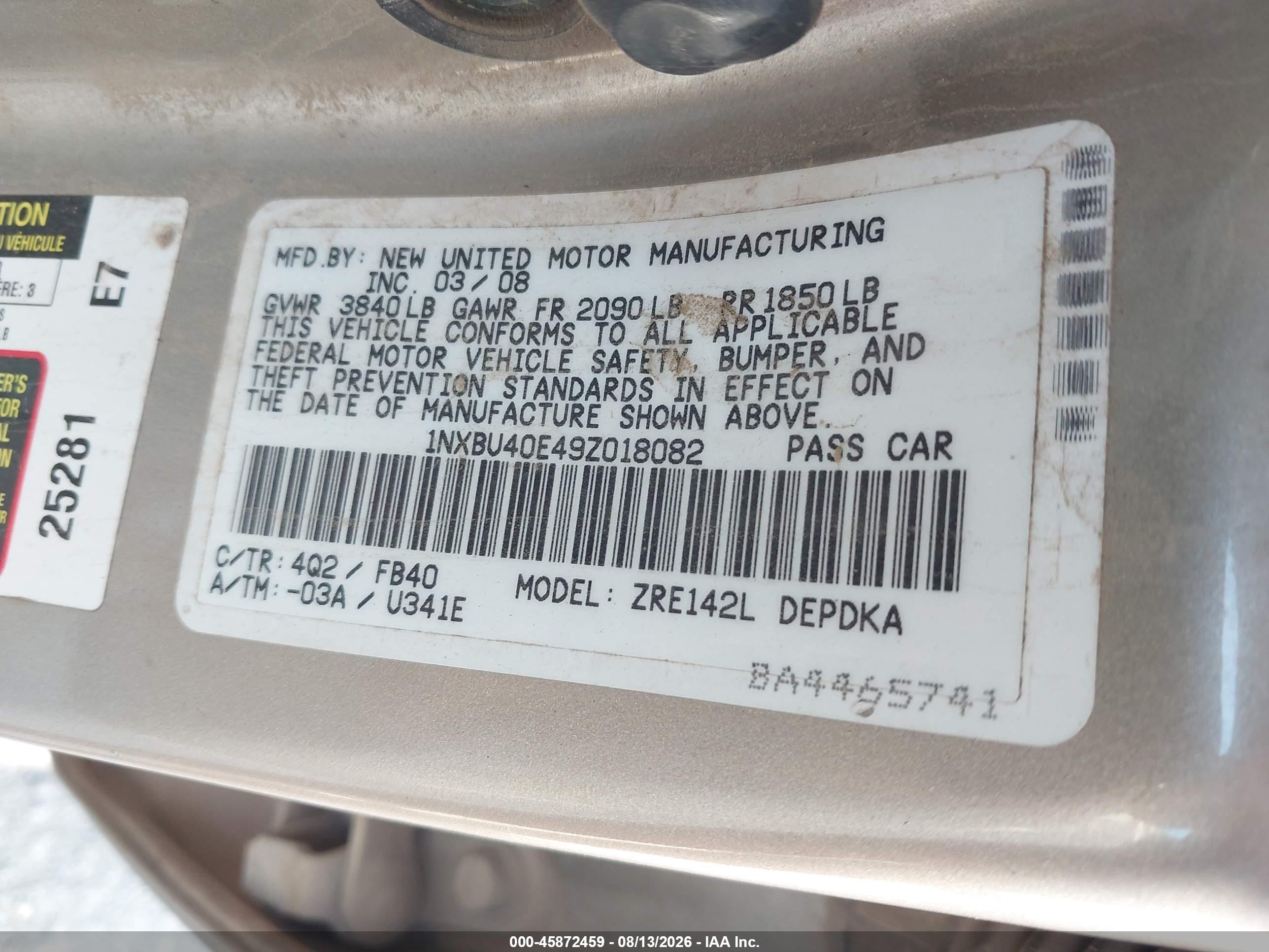 2009 Toyota Corolla Le Gold vin: 1NXBU40E49Z018082