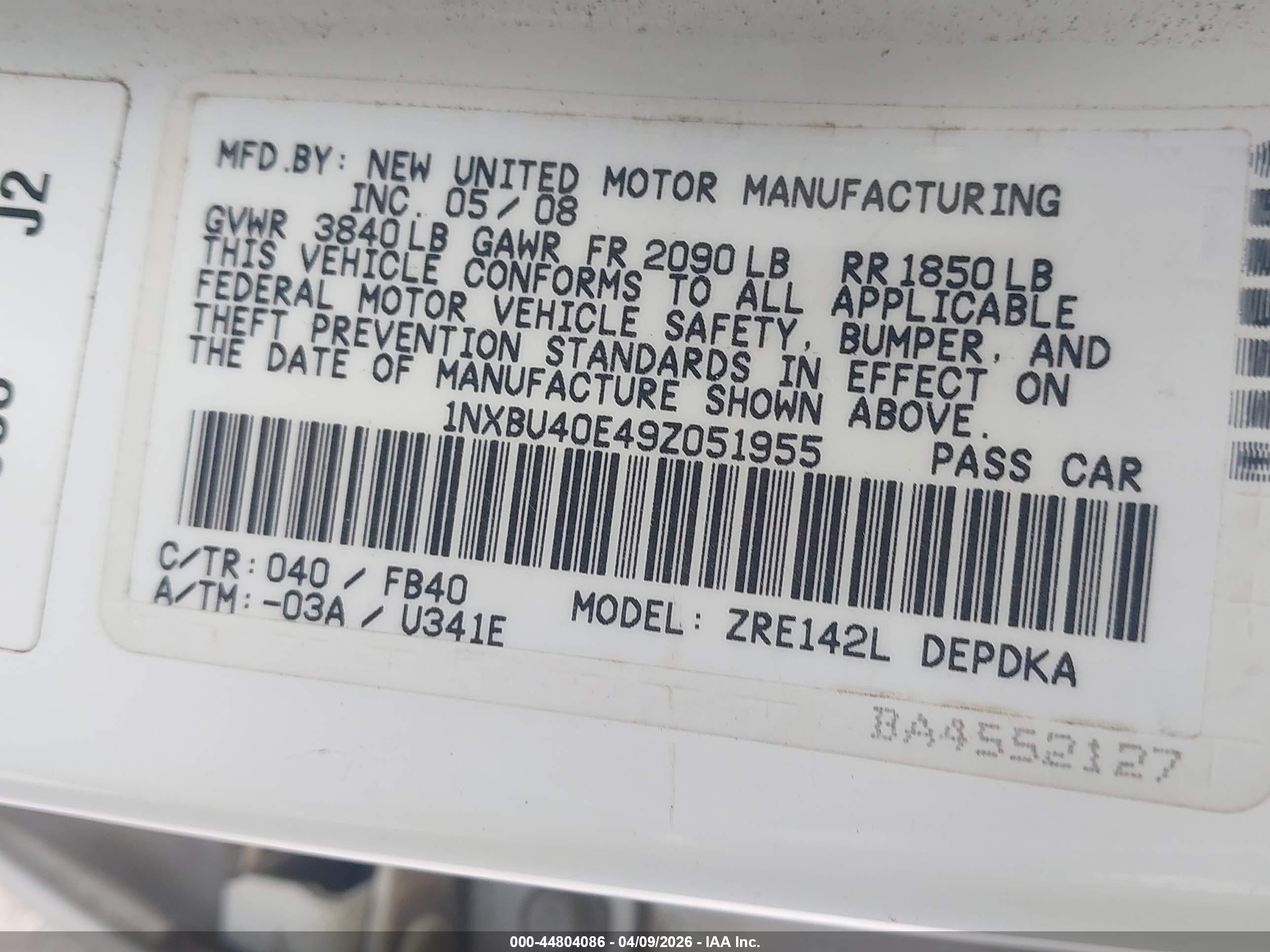 2009 Toyota Corolla Le White vin: 1NXBU40E49Z051955