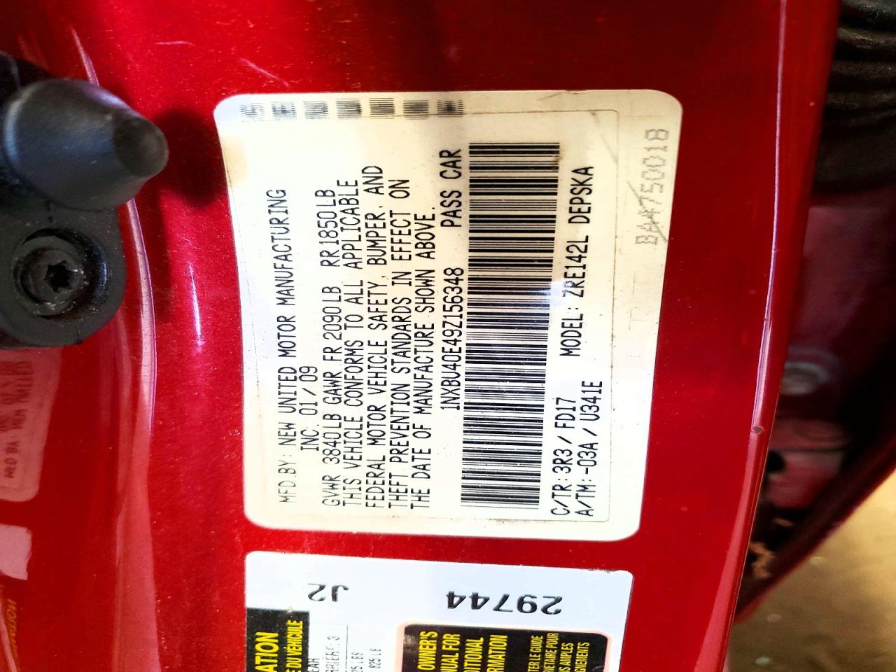 2009 Toyota Corolla S Red vin: 1NXBU40E49Z156348
