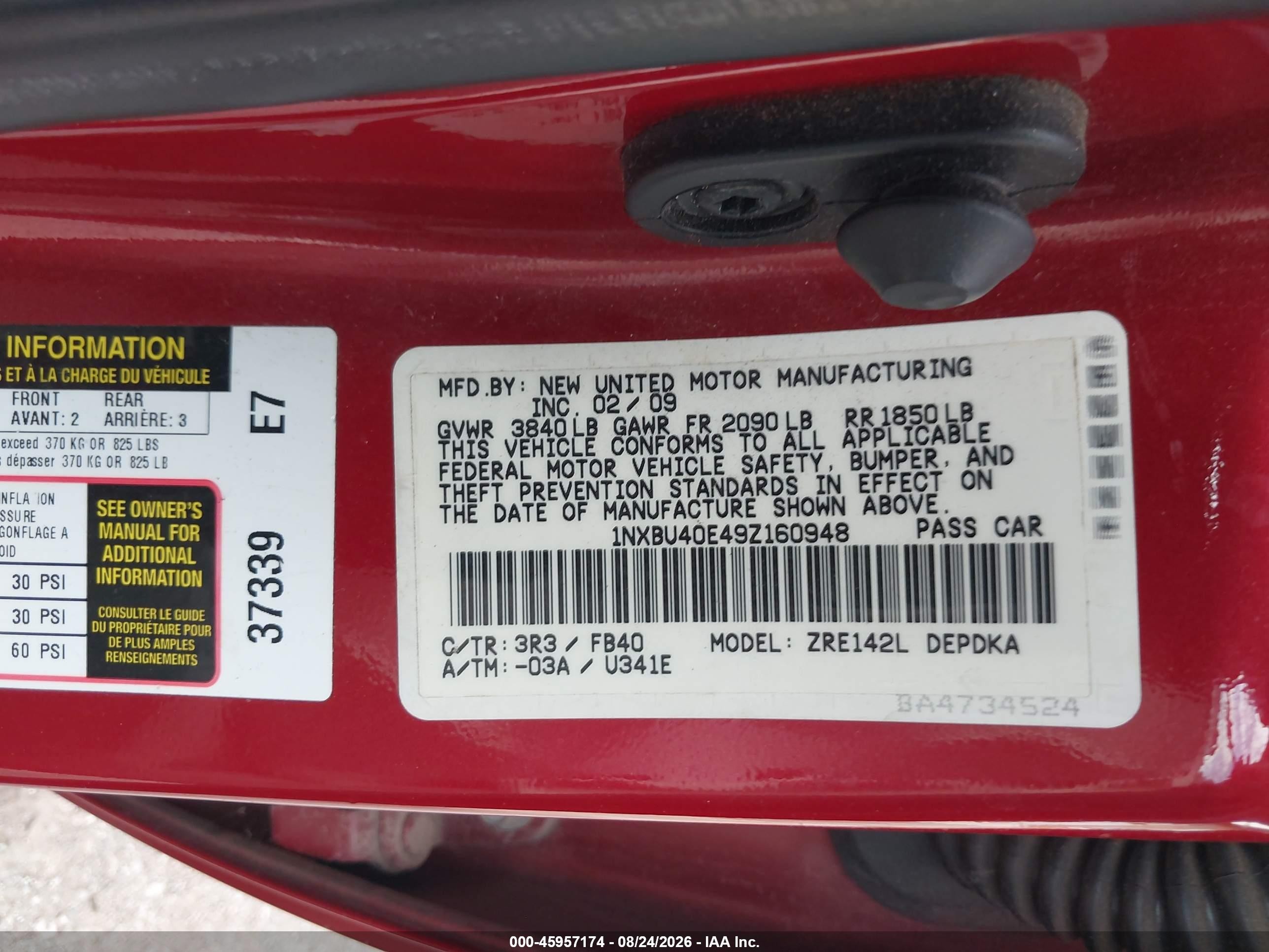2009 Toyota Corolla Le Красный vin: 1NXBU40E49Z160948