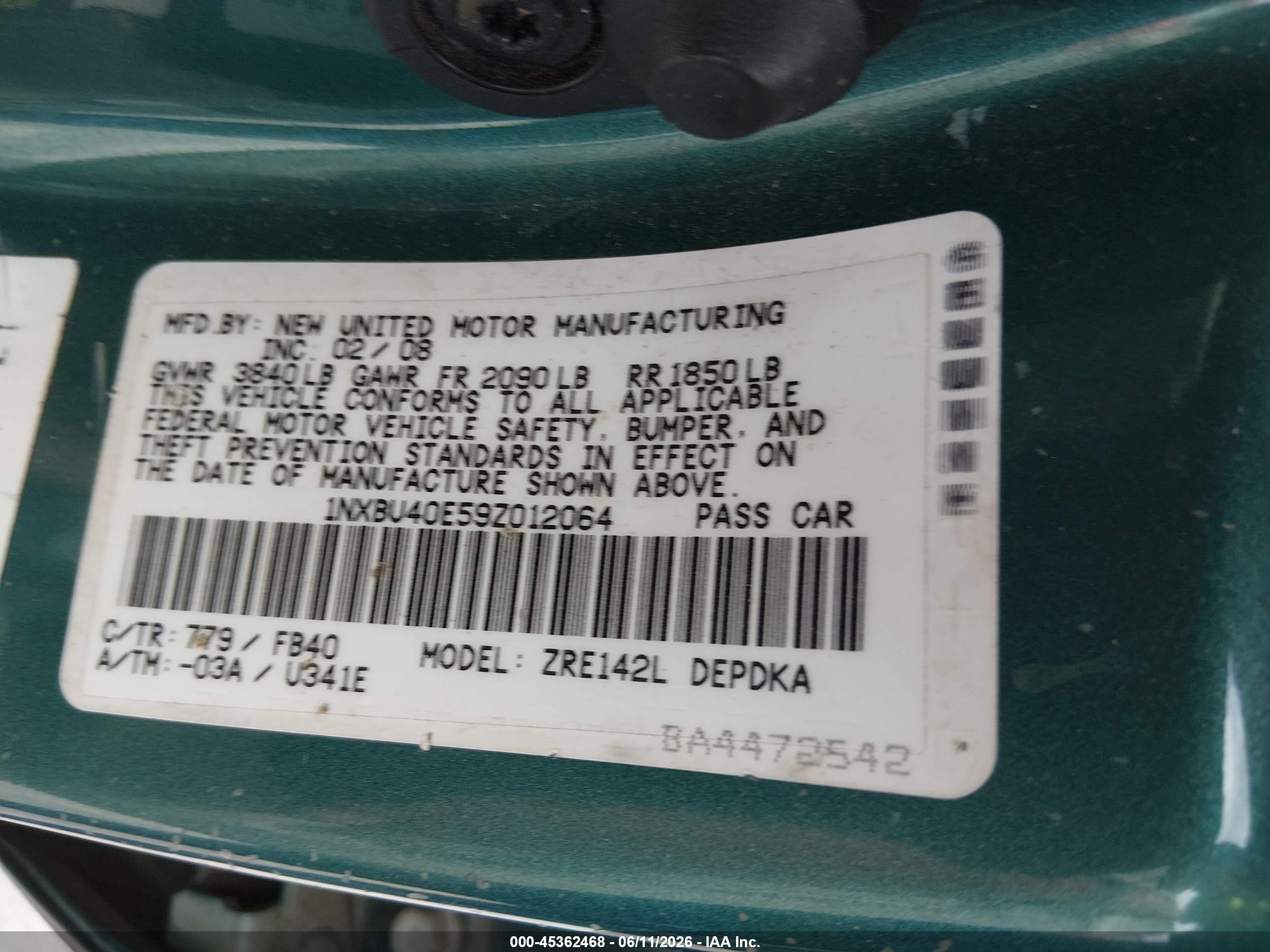 2009 Toyota Corolla Le Green vin: 1NXBU40E59Z012064
