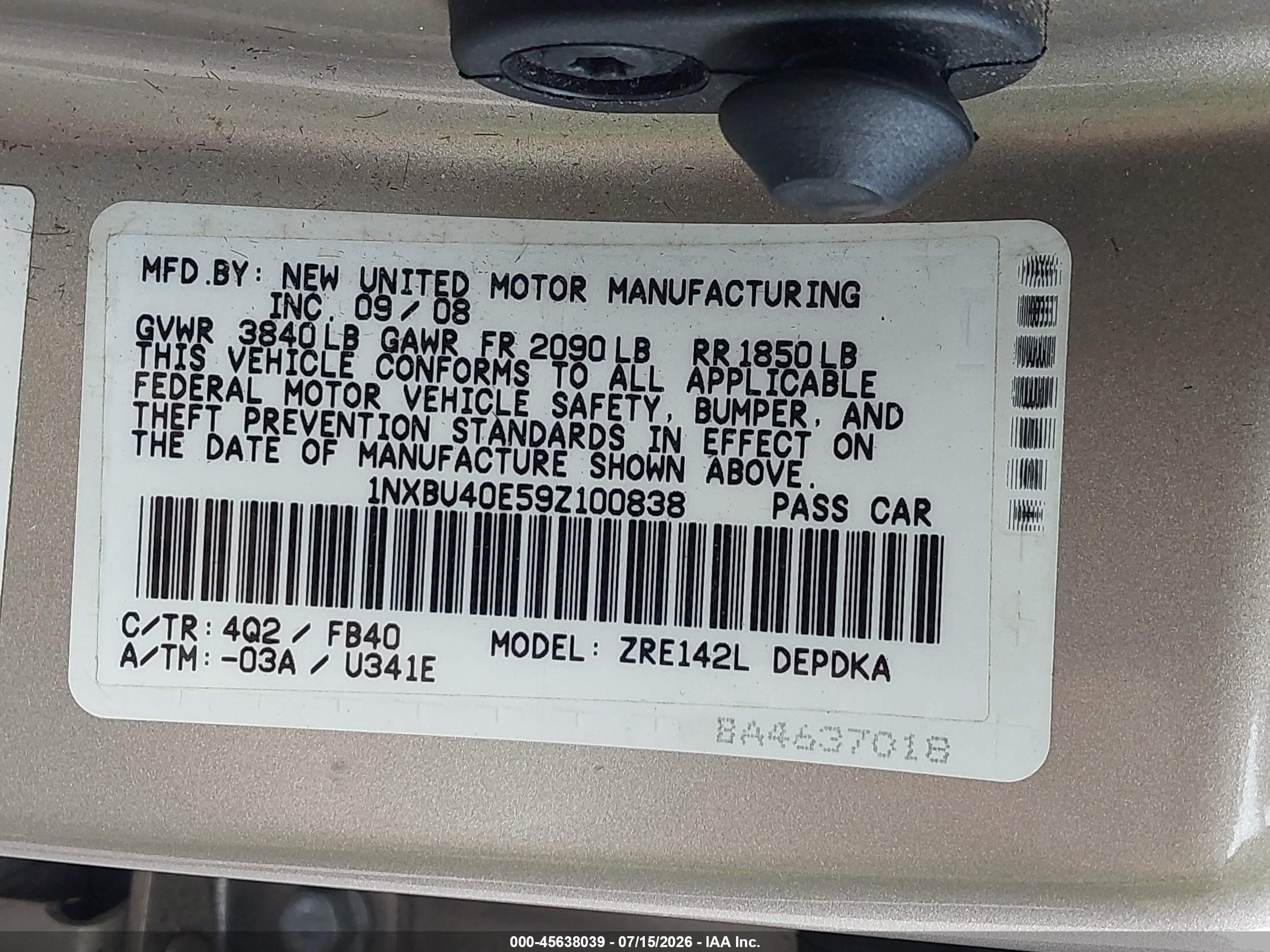 2009 Toyota Corolla Le Gold vin: 1NXBU40E59Z100838