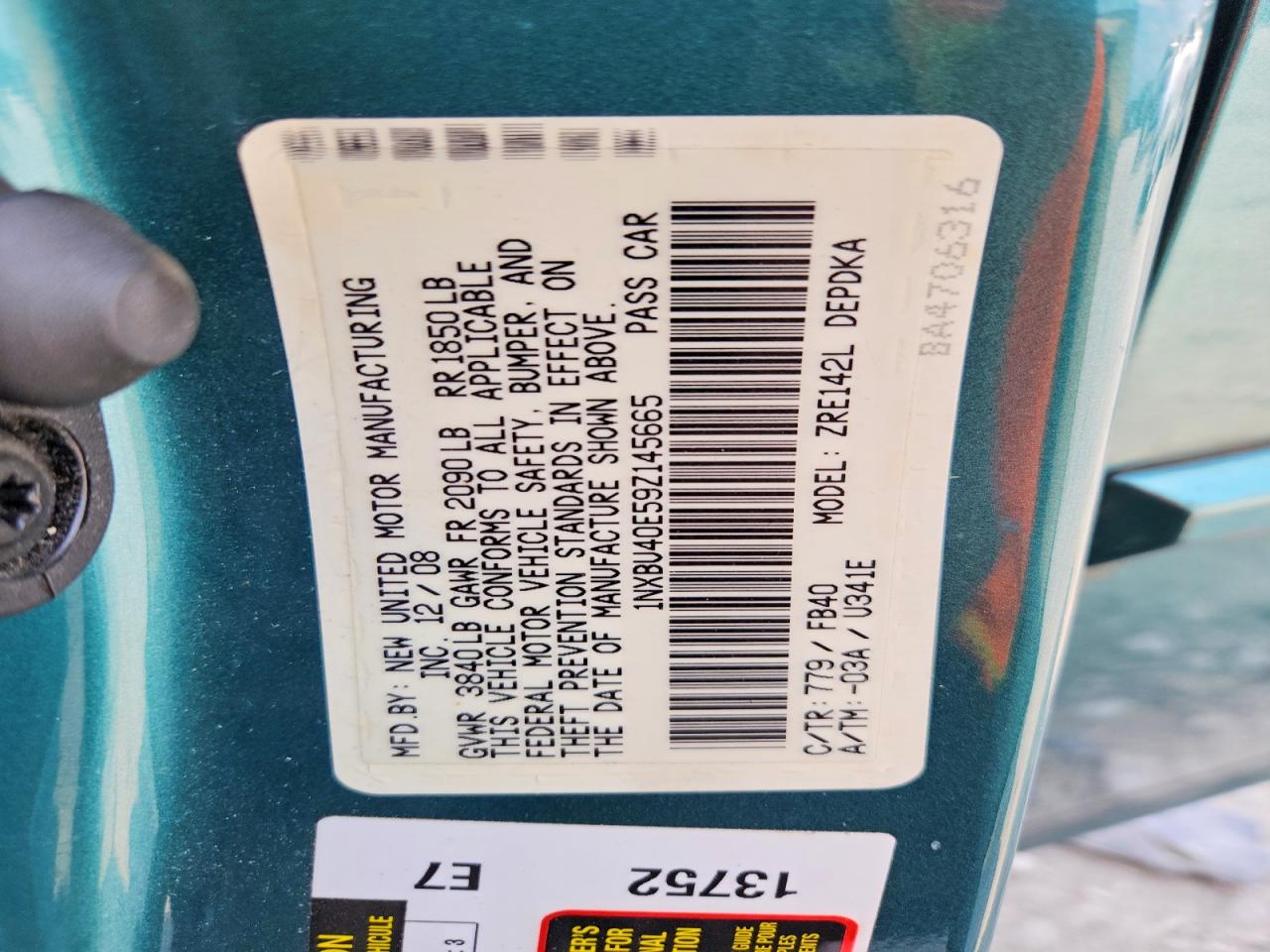 2009 Toyota Corolla Le Teal vin: 1NXBU40E59Z145665