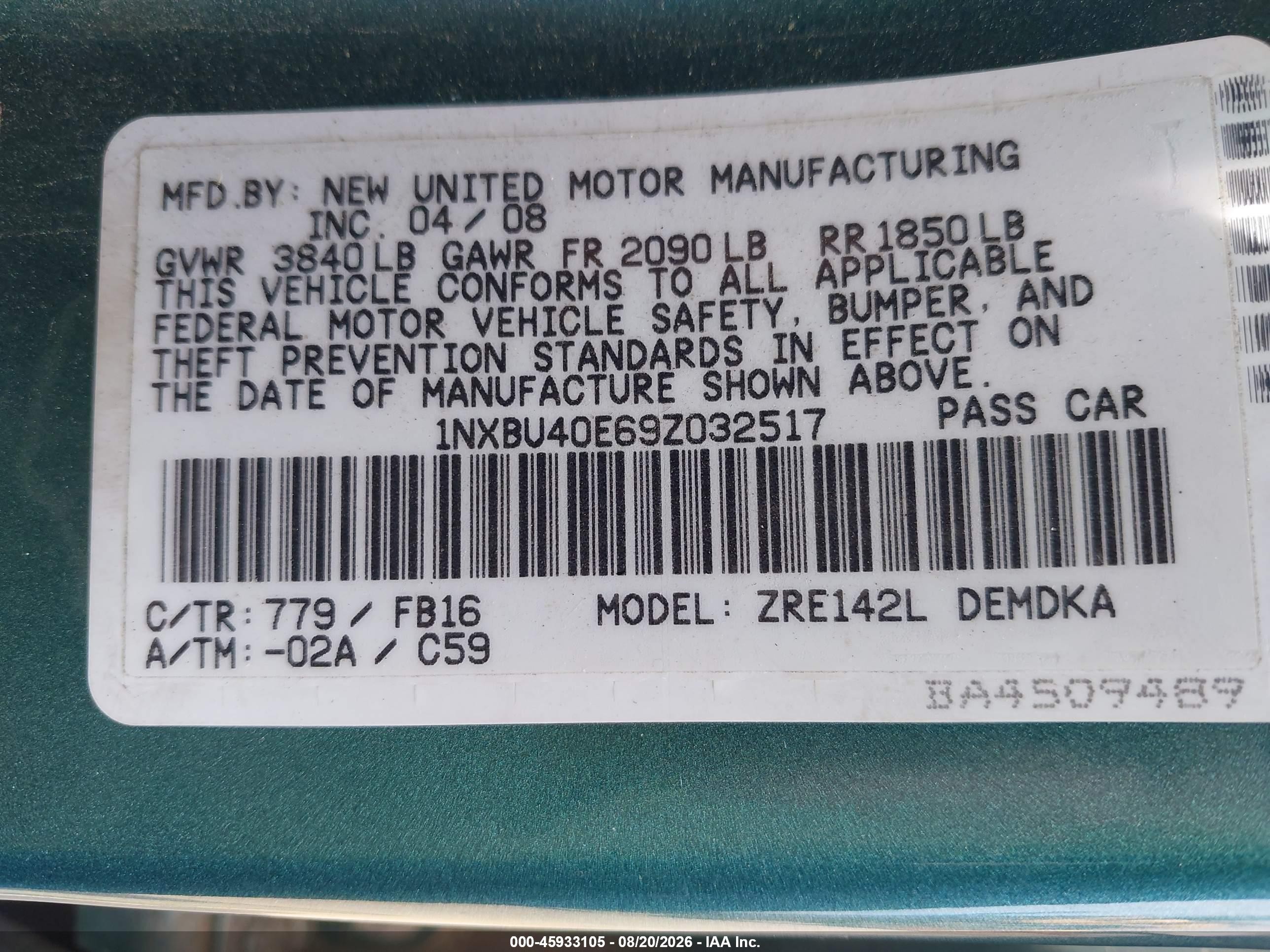 2009 Toyota Corolla   Green vin: 1NXBU40E69Z032517