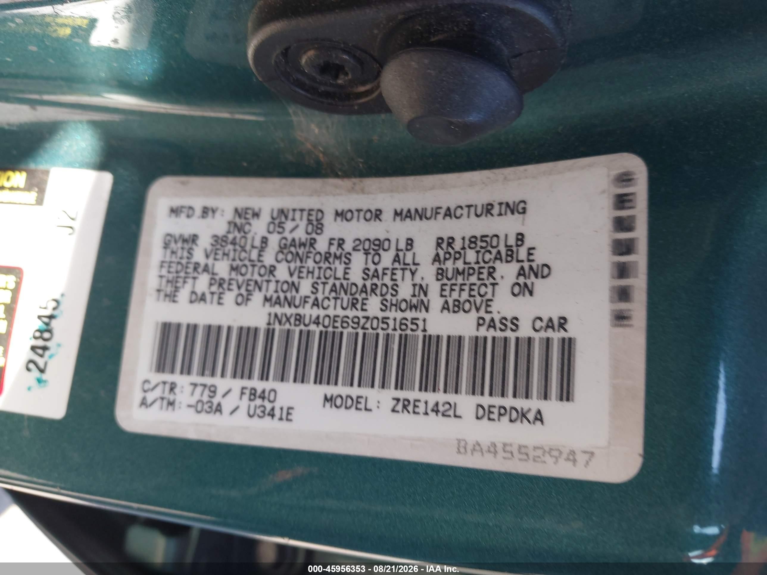 2009 Toyota Corolla Le Green vin: 1NXBU40E69Z051651