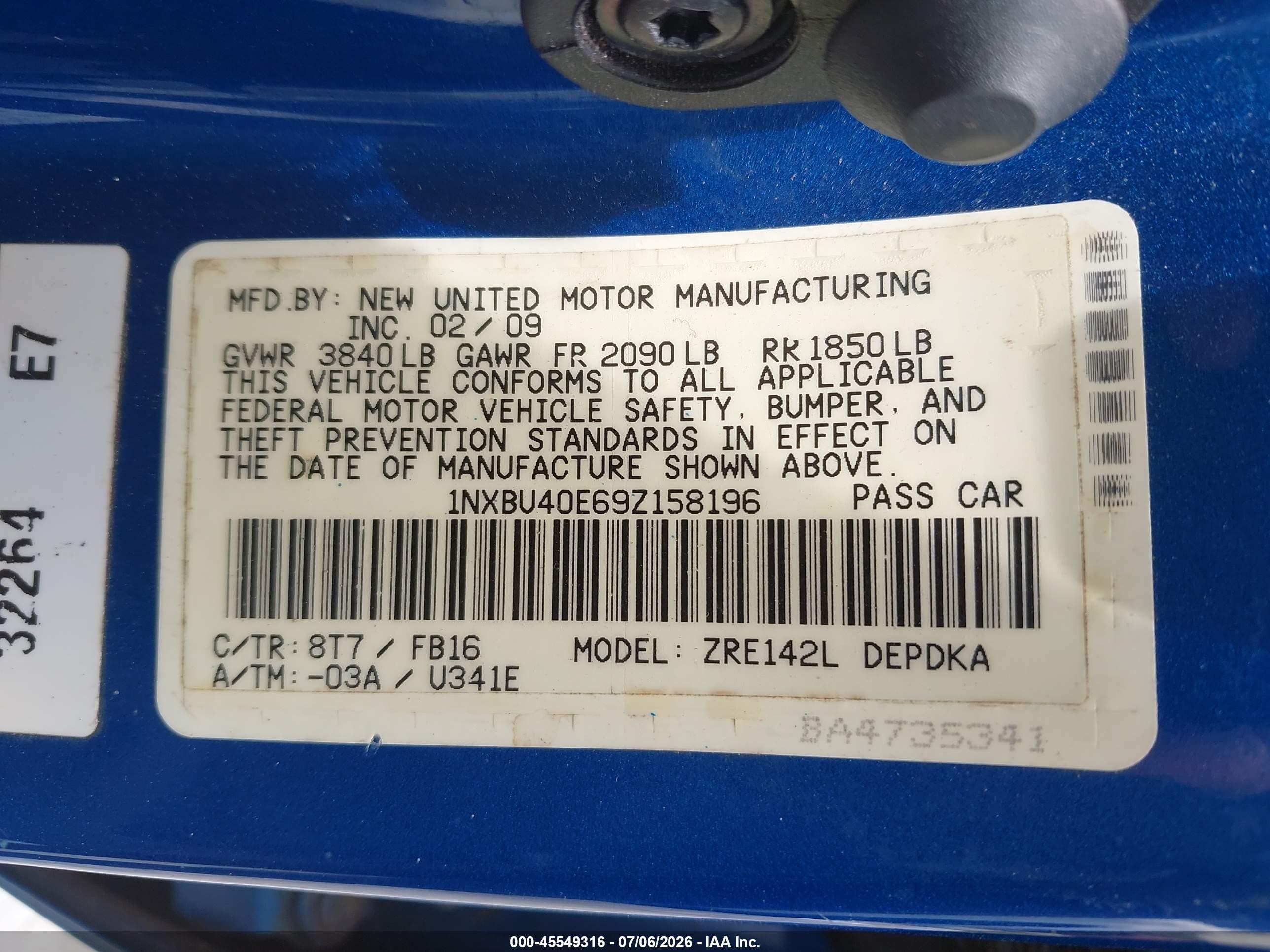 2009 Toyota Corolla Le Синий vin: 1NXBU40E69Z158196