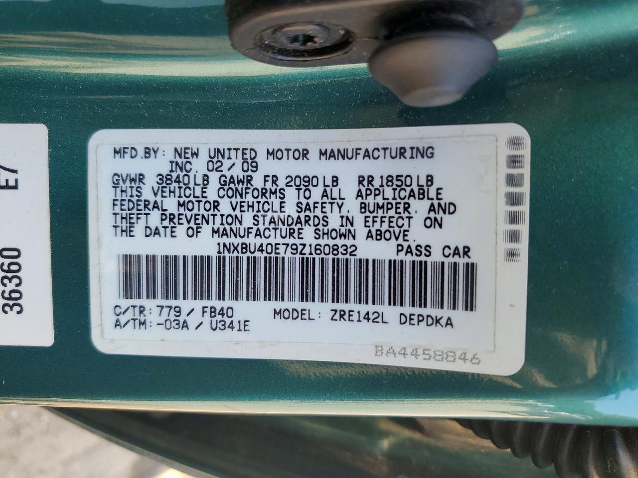 2009 Toyota Corolla Le Teal vin: 1NXBU40E79Z160832