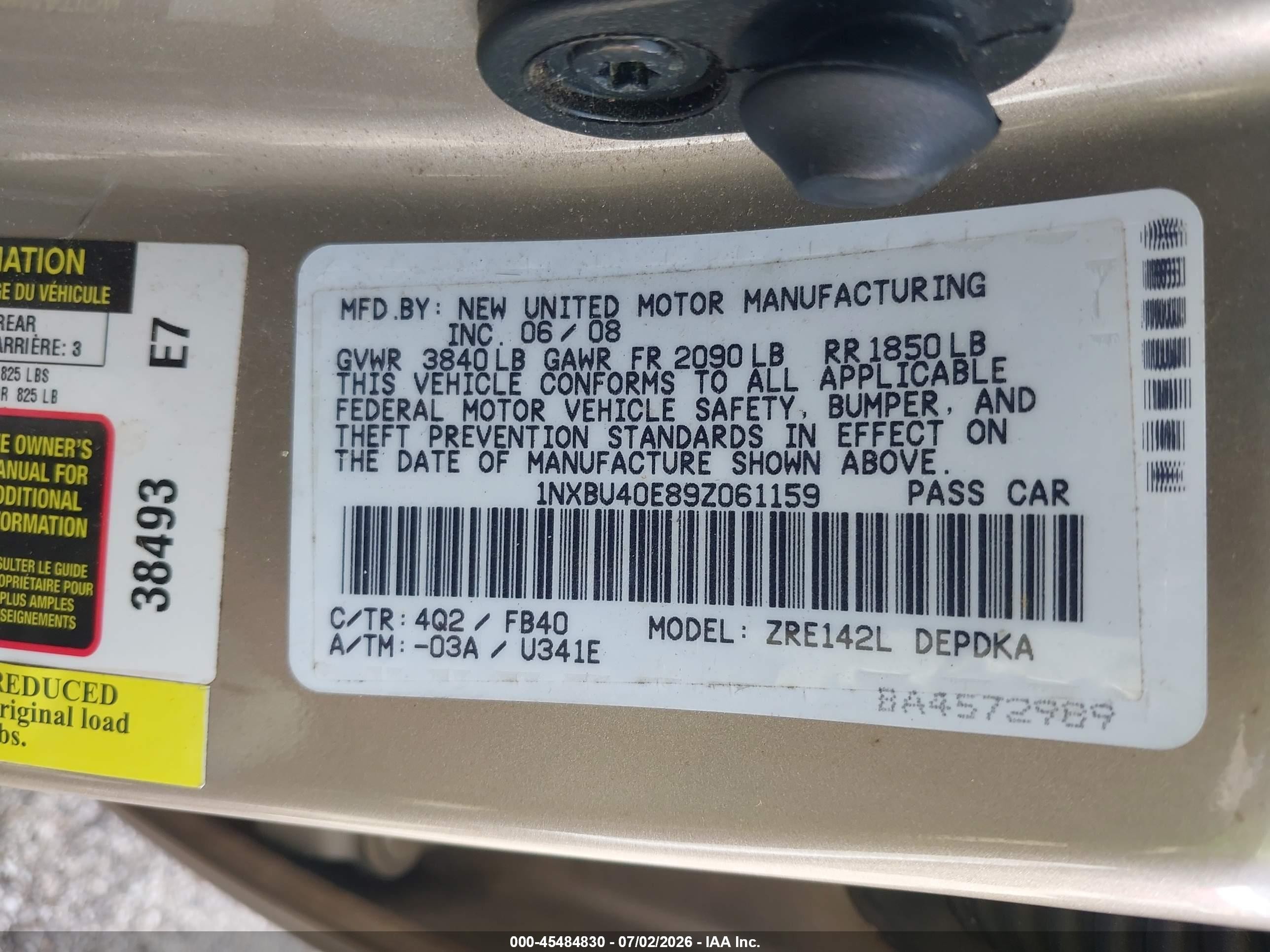 2009 Toyota Corolla Le Золотой vin: 1NXBU40E89Z061159