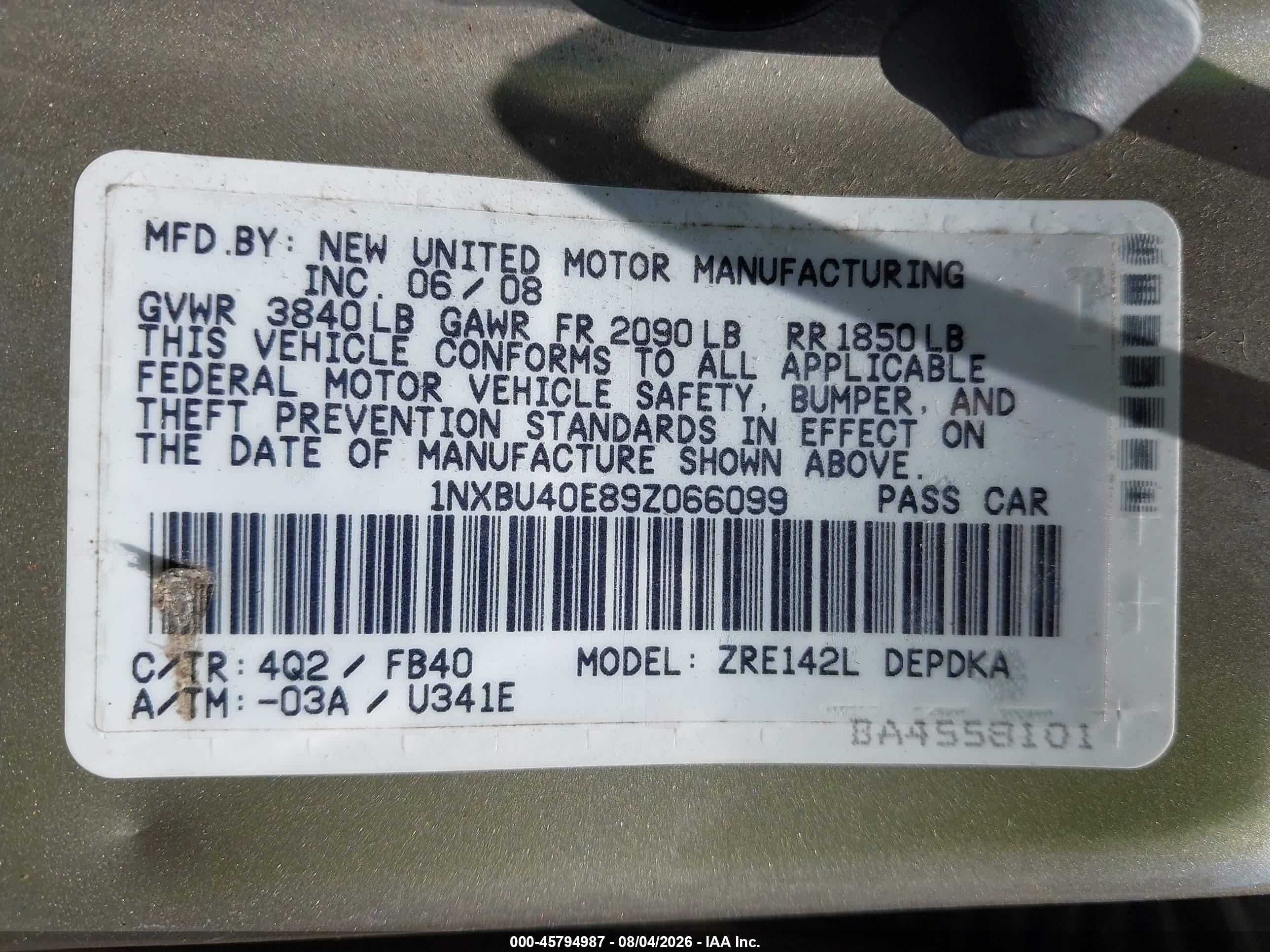 2009 Toyota Corolla Le Tan vin: 1NXBU40E89Z066099