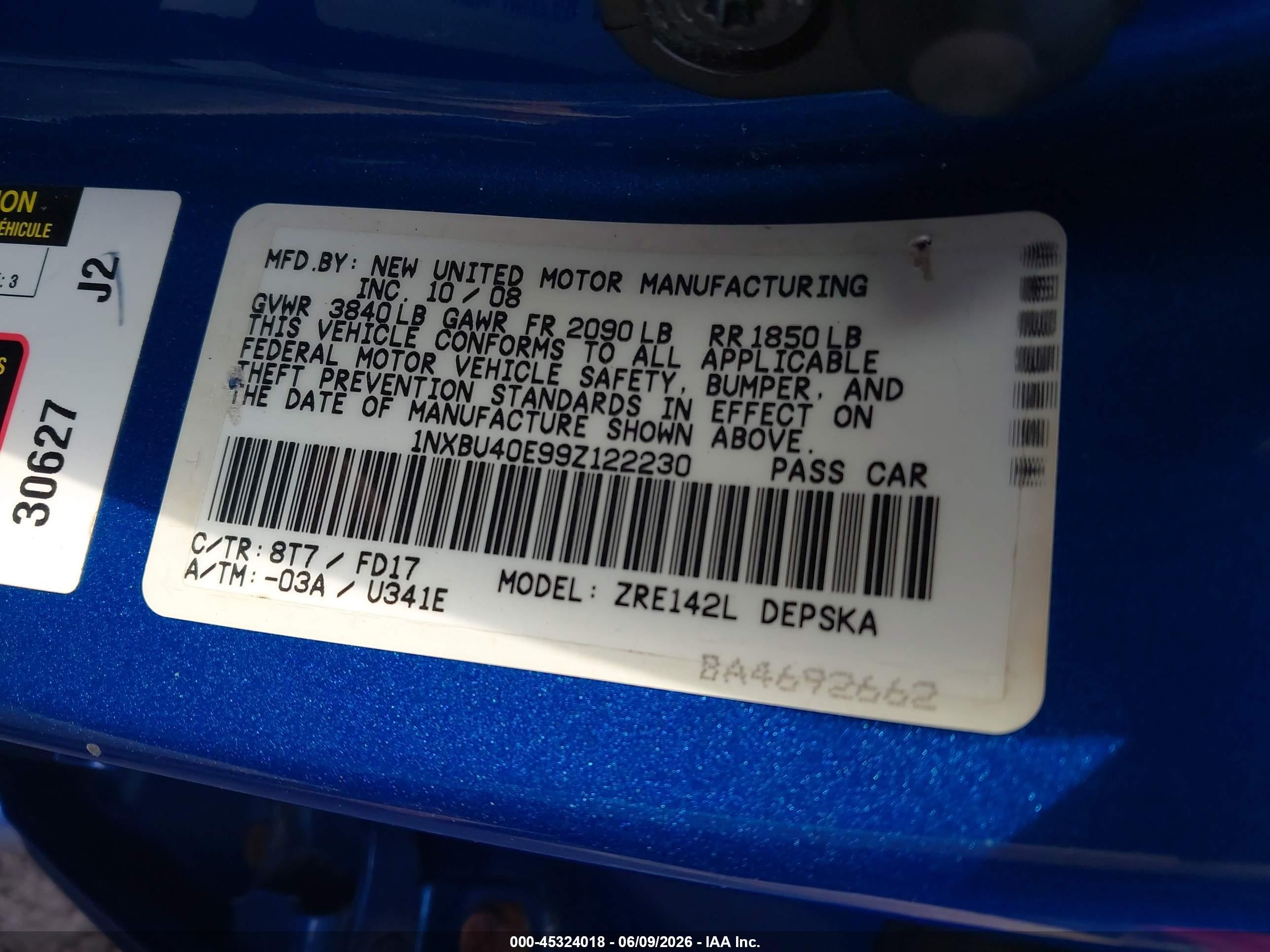 2009 Toyota Corolla S Blue vin: 1NXBU40E99Z122230