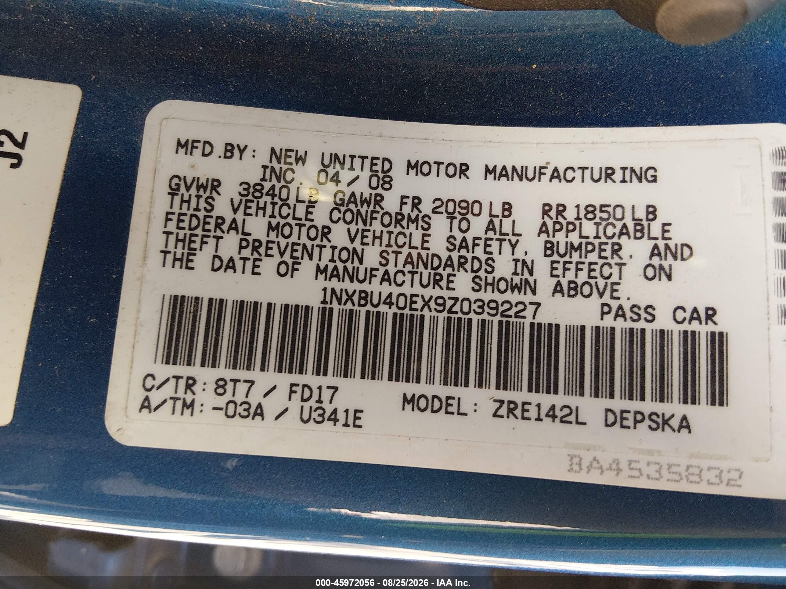 2009 Toyota Corolla S Blue vin: 1NXBU40EX9Z039227