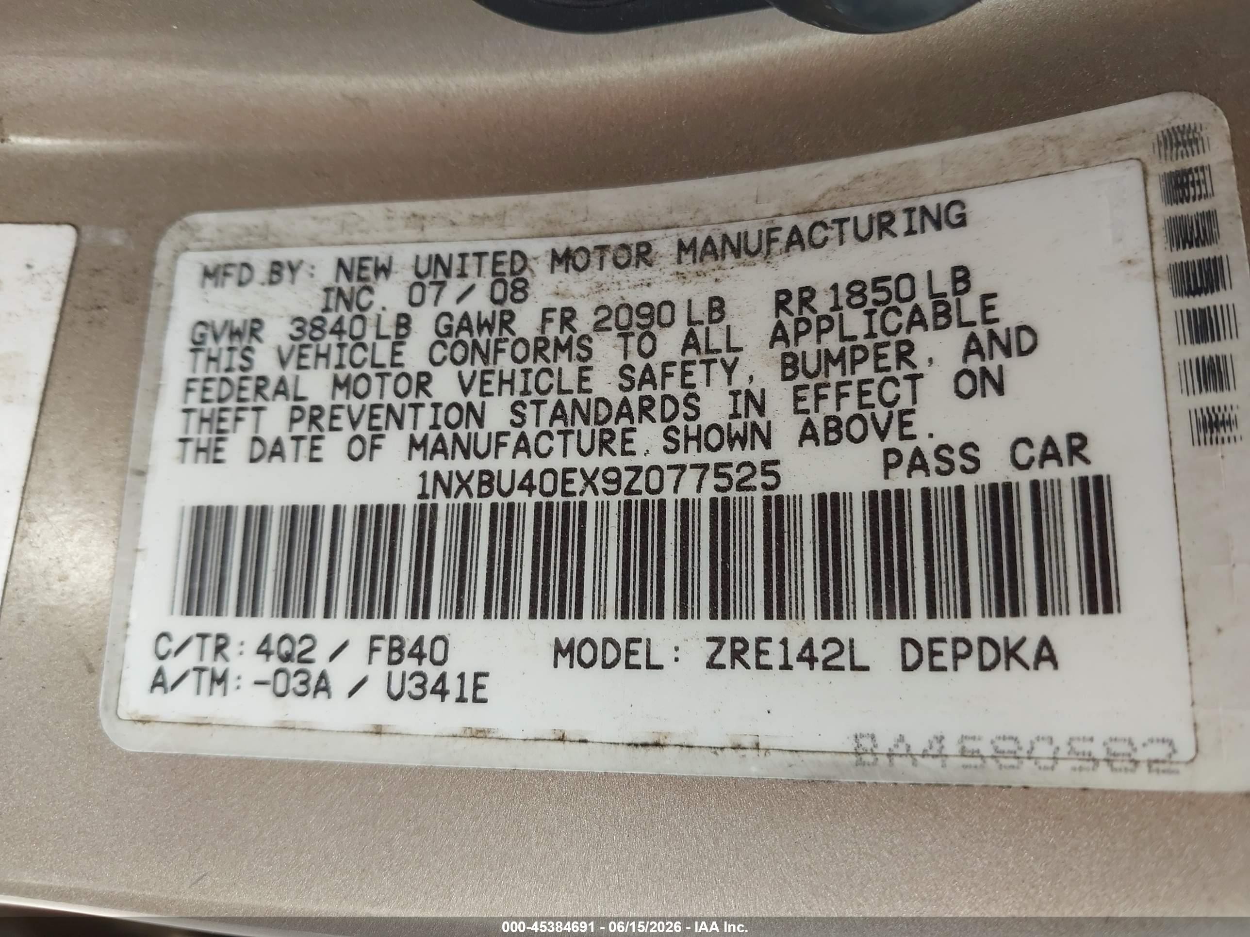 2009 Toyota Corolla Le Gold vin: 1NXBU40EX9Z077525