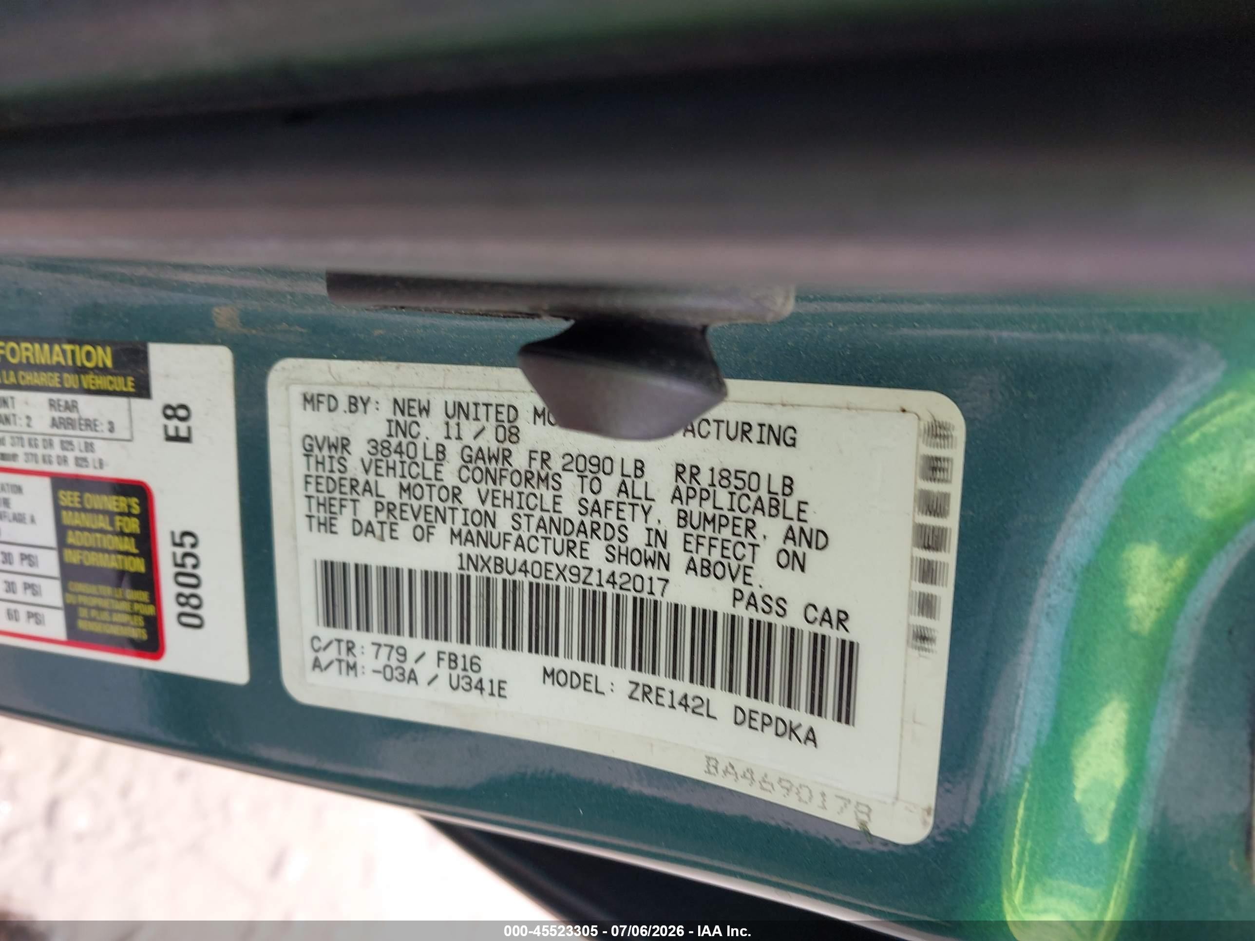 2009 Toyota Corolla Le Green vin: 1NXBU40EX9Z142017