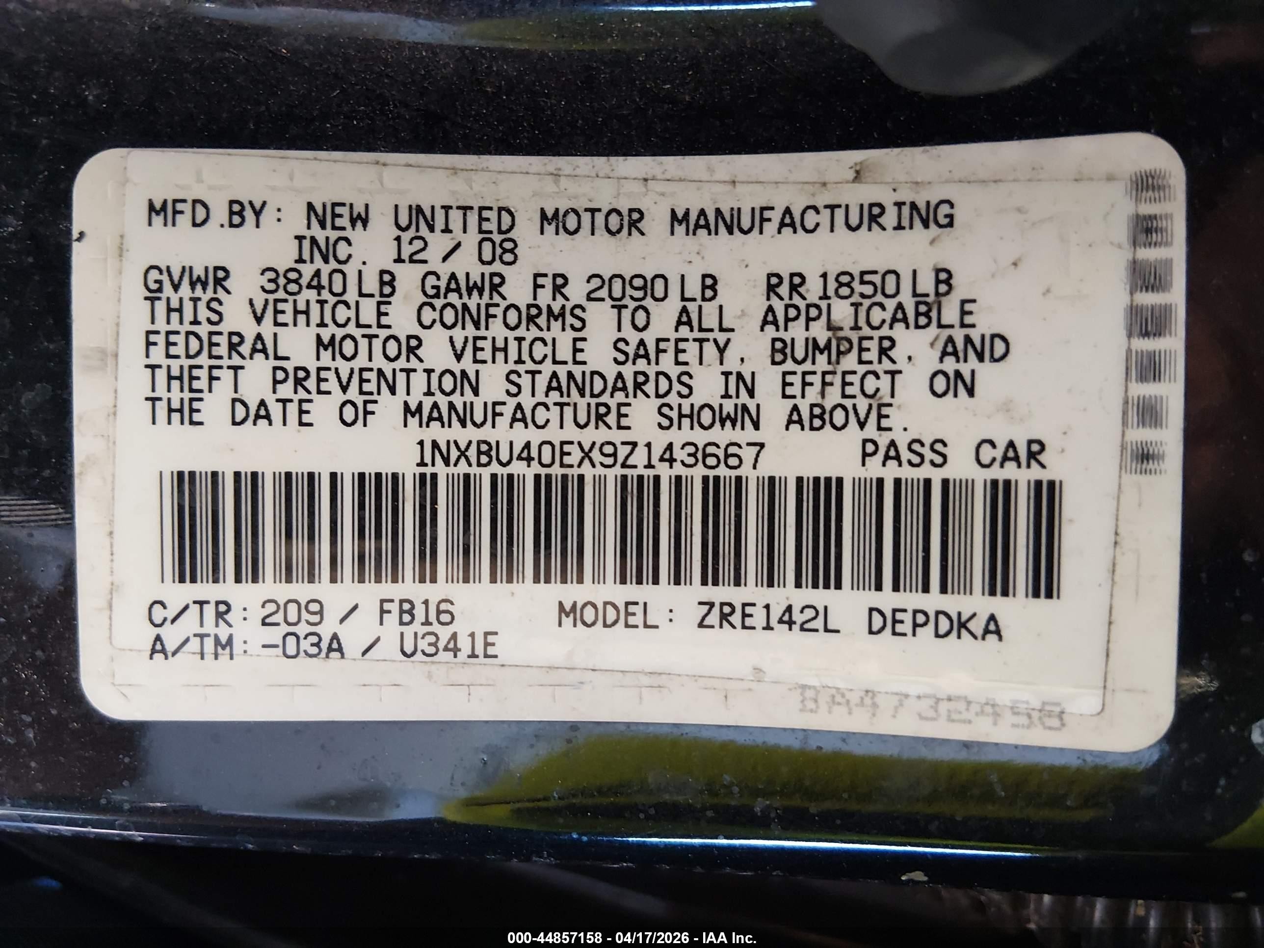 2009 Toyota Corolla Le Black vin: 1NXBU40EX9Z143667