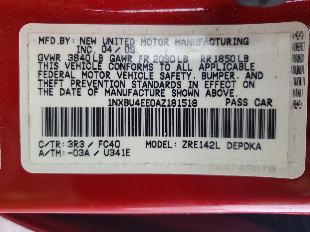 2010 Toyota Corolla Le Красный vin: 1NXBU4EE0AZ181518