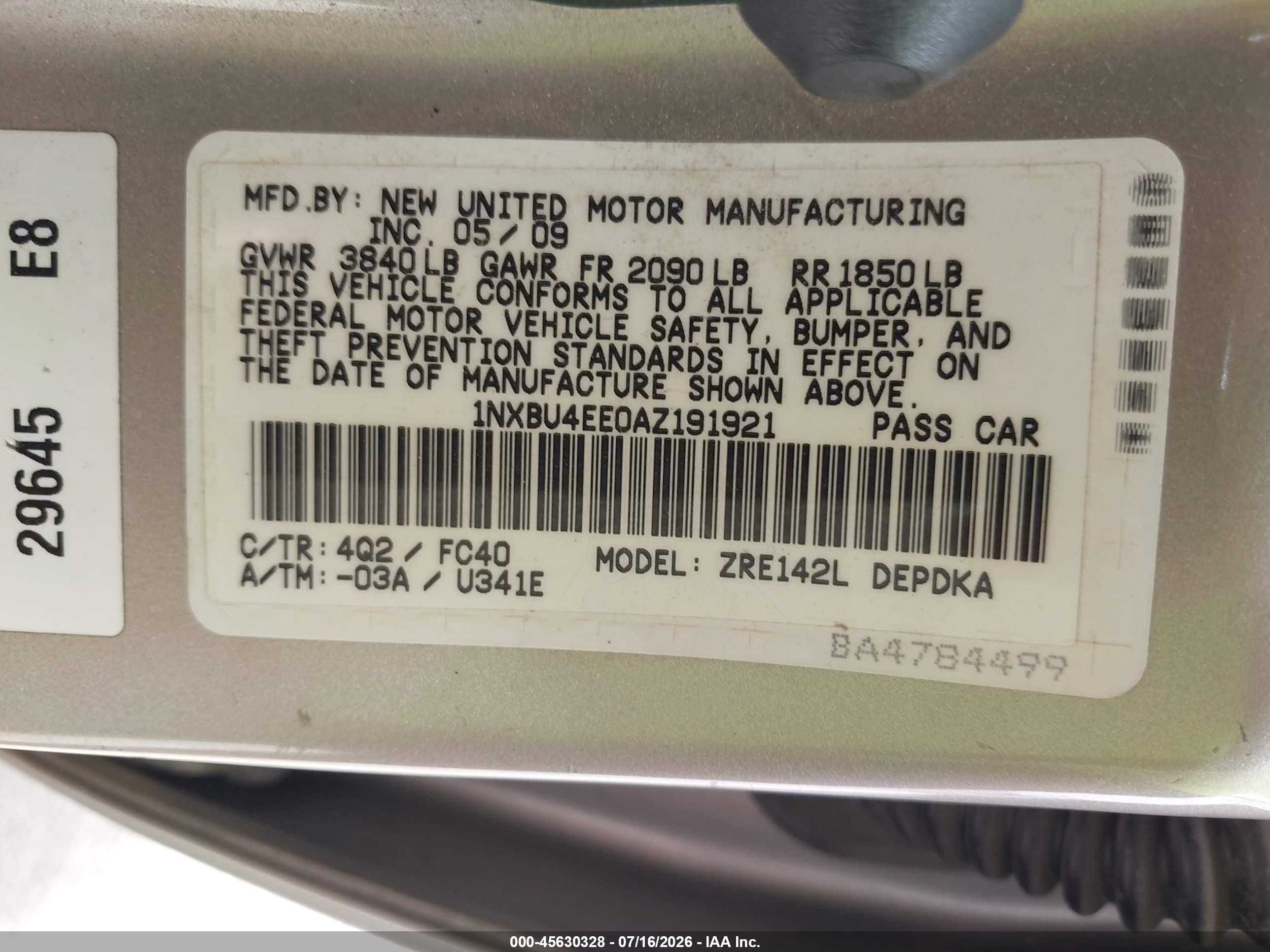 2010 Toyota Corolla Le Gold vin: 1NXBU4EE0AZ191921