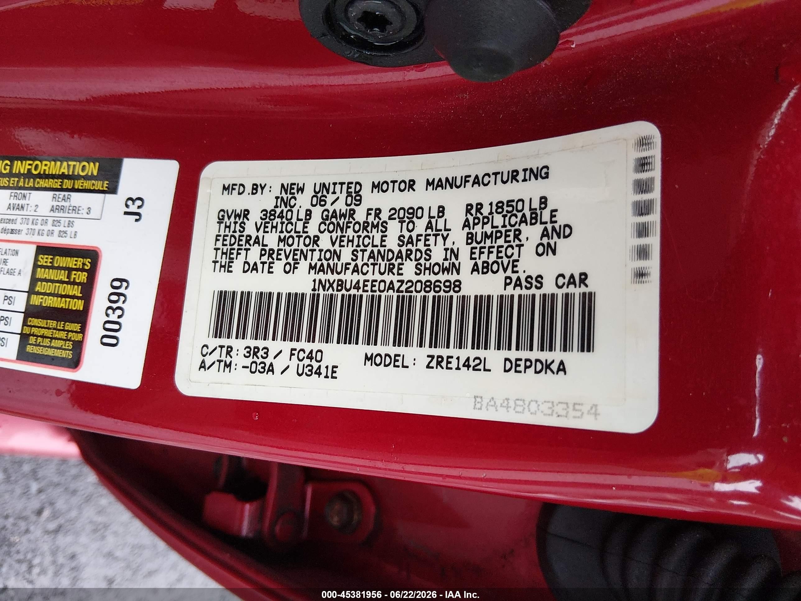 2010 Toyota Corolla Le Red vin: 1NXBU4EE0AZ208698