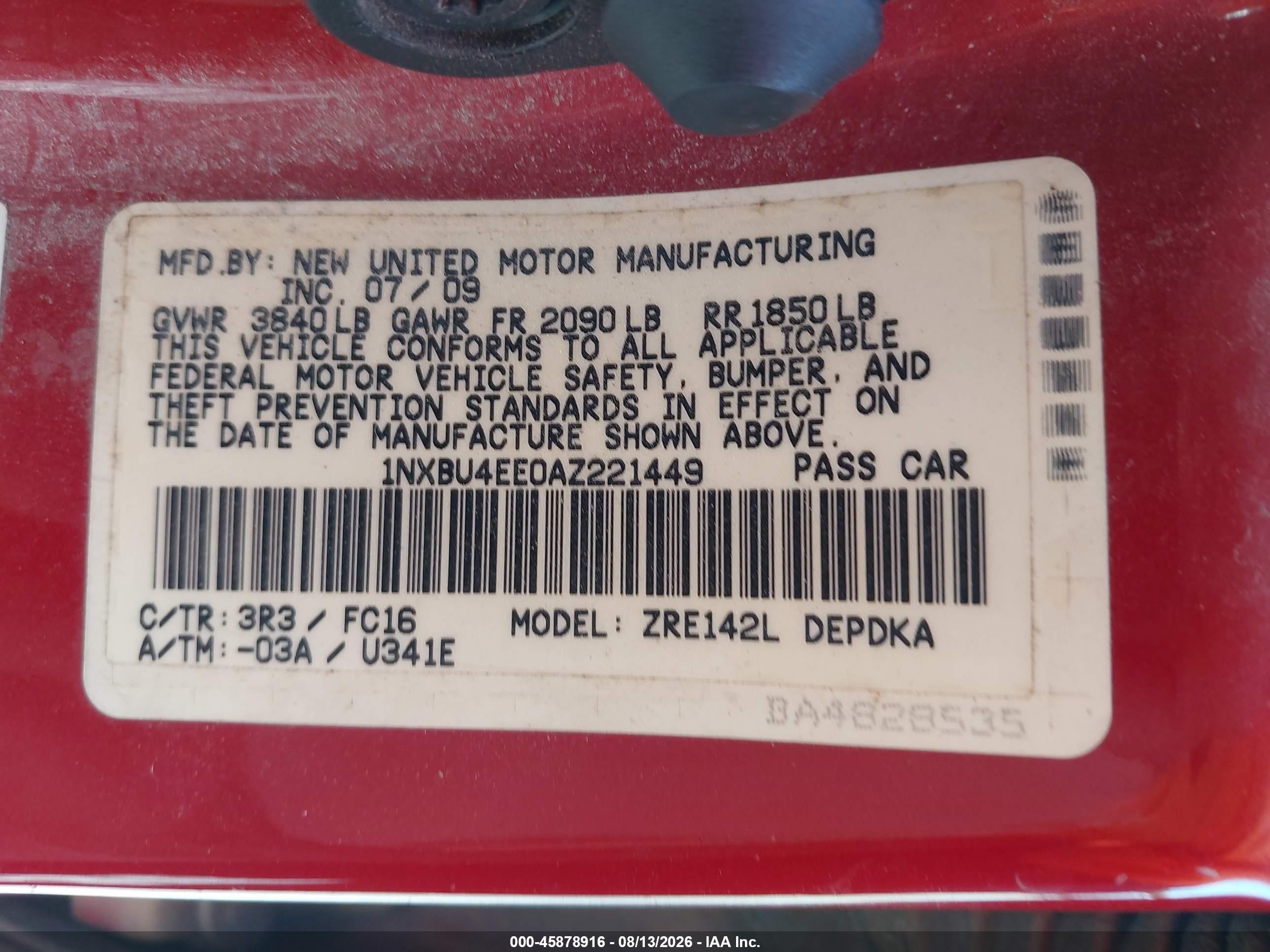 2010 Toyota Corolla Le Red vin: 1NXBU4EE0AZ221449