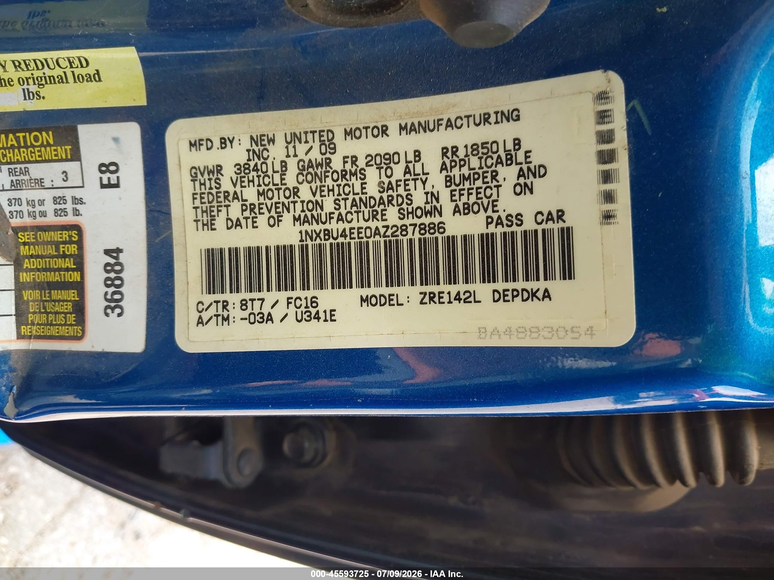 2010 Toyota Corolla Le Синий vin: 1NXBU4EE0AZ287886