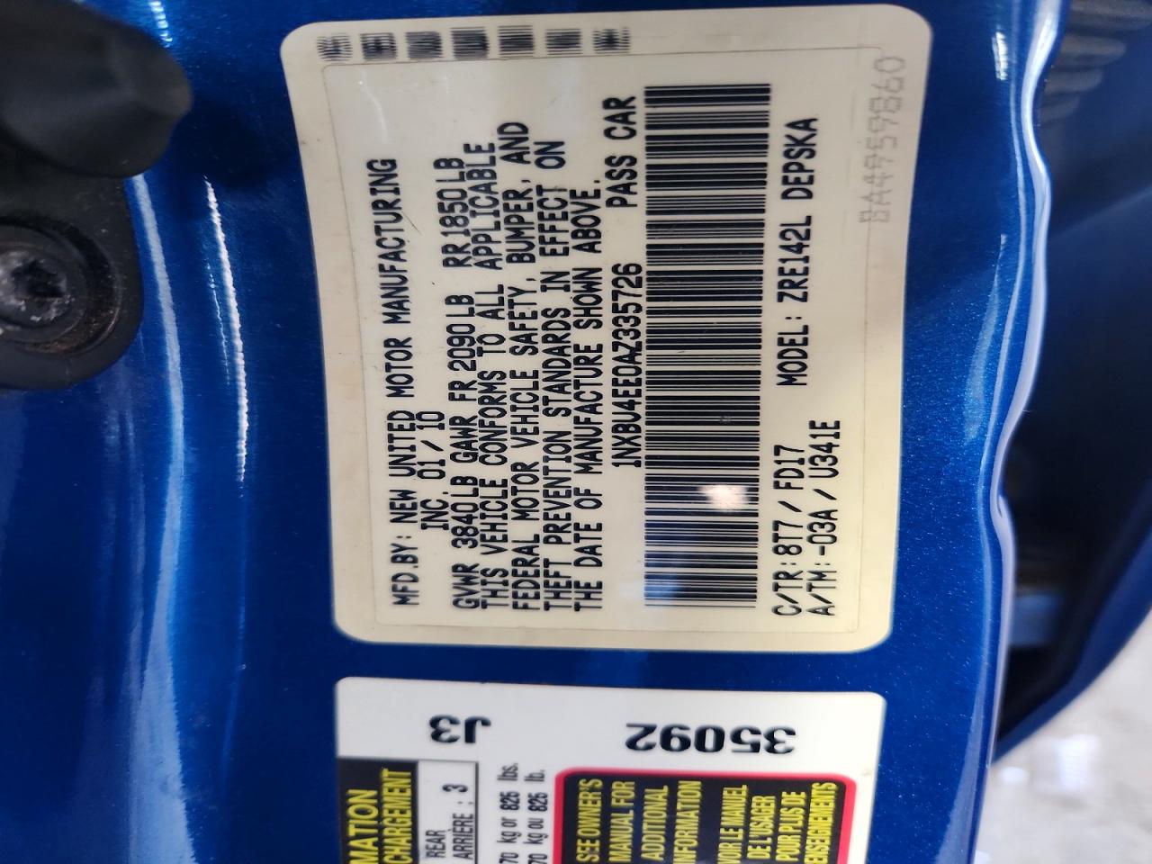 2010 Toyota Corolla S Blue vin: 1NXBU4EE0AZ335726