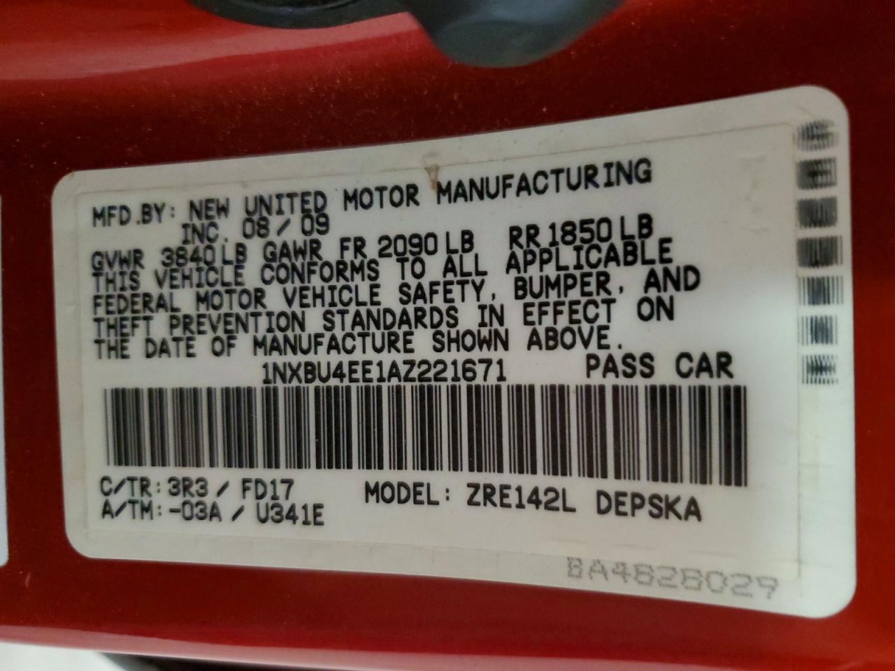 2010 Toyota Corolla S Red vin: 1NXBU4EE1AZ221671