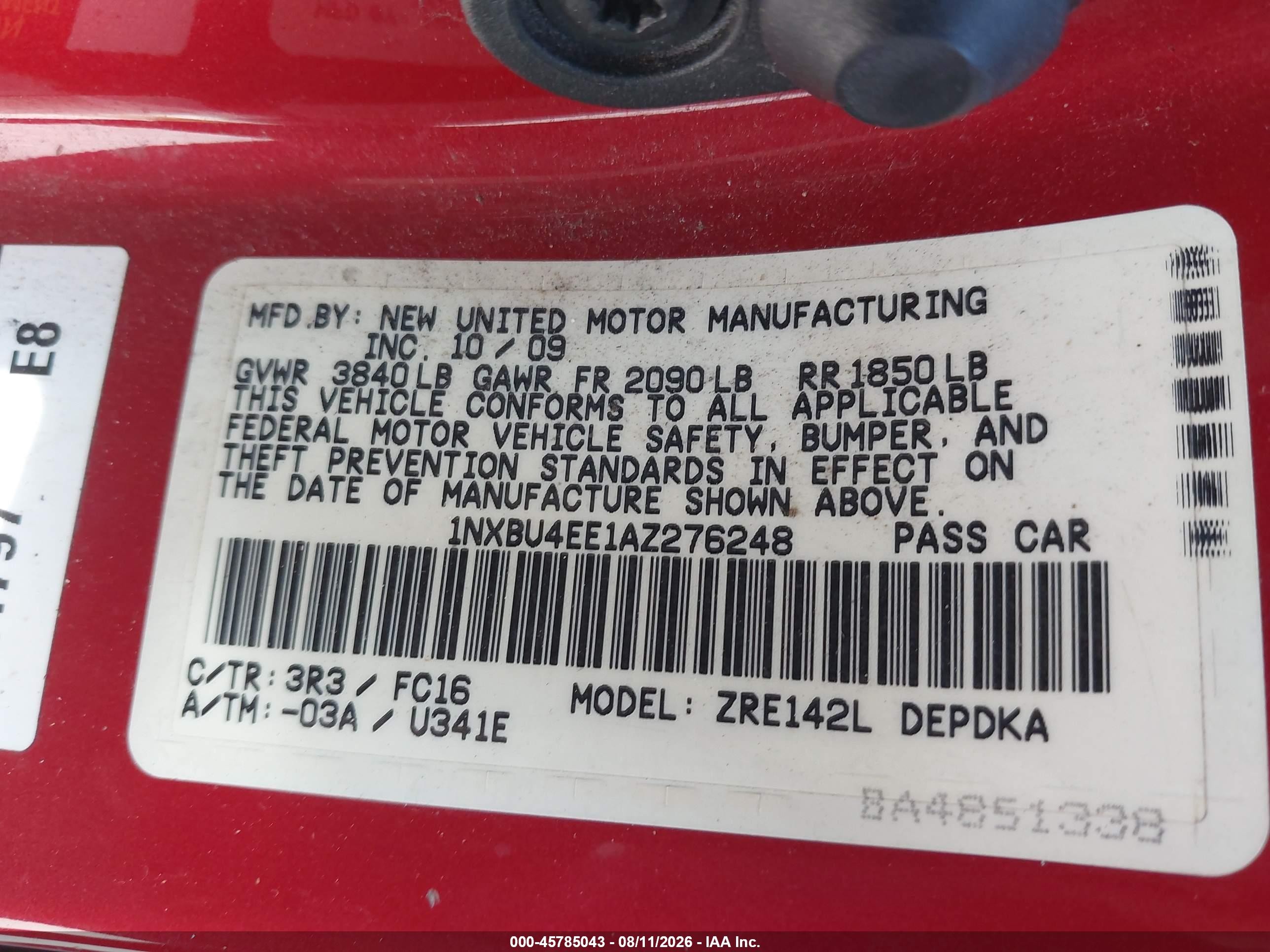 2010 Toyota Corolla Le Красный vin: 1NXBU4EE1AZ276248