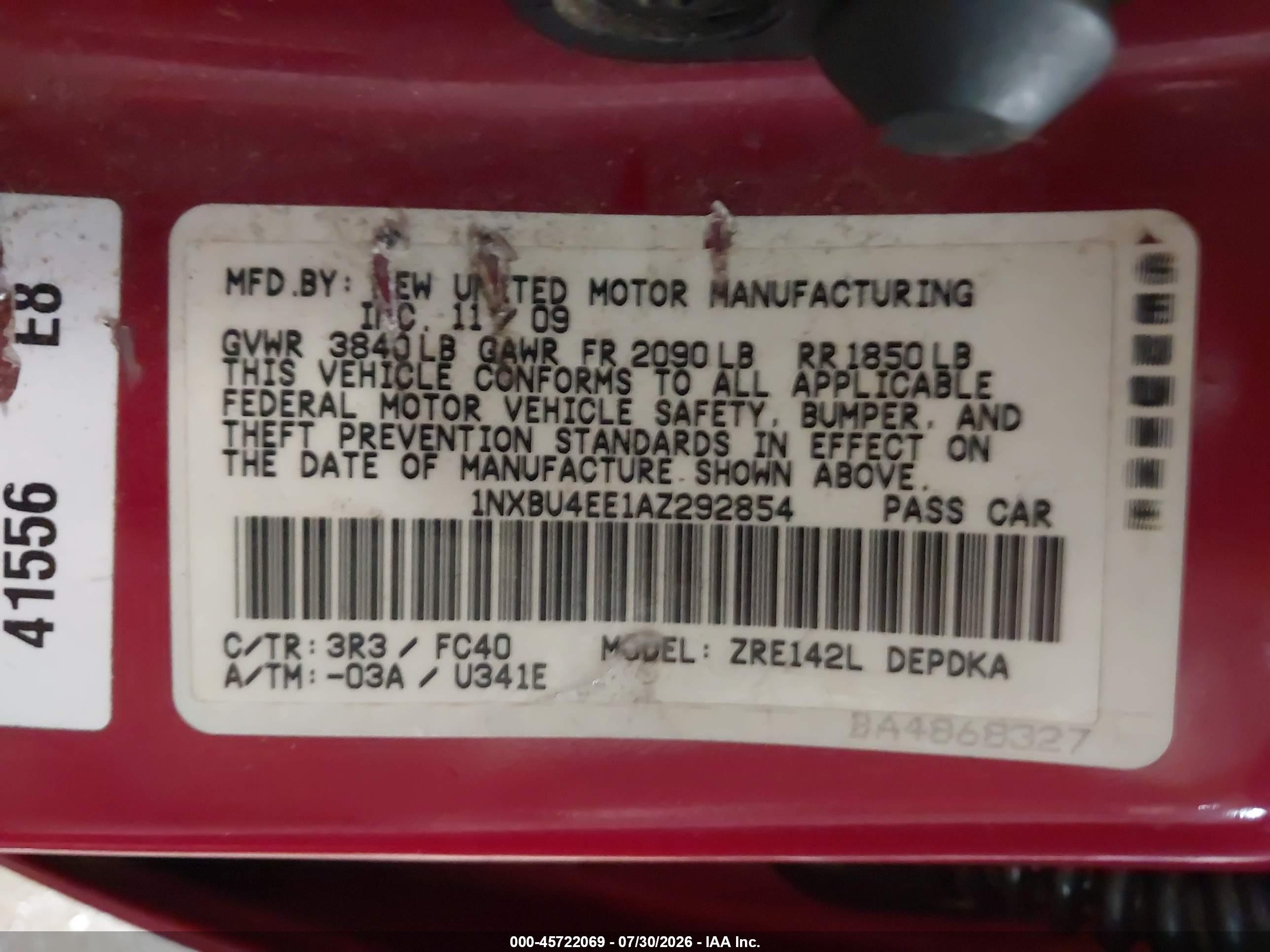 2010 Toyota Corolla Le Красный vin: 1NXBU4EE1AZ292854