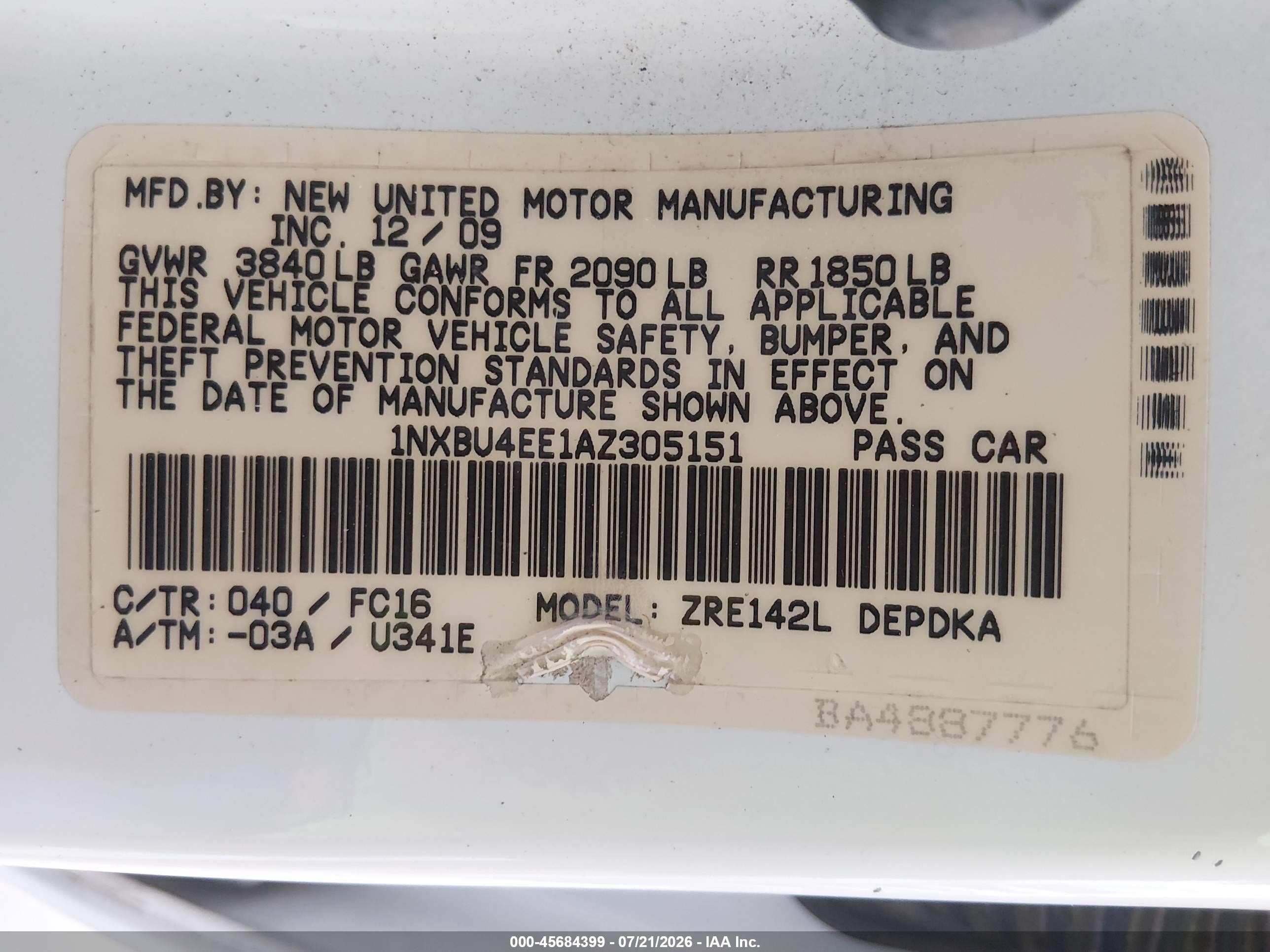 2010 Toyota Corolla Le White vin: 1NXBU4EE1AZ305151
