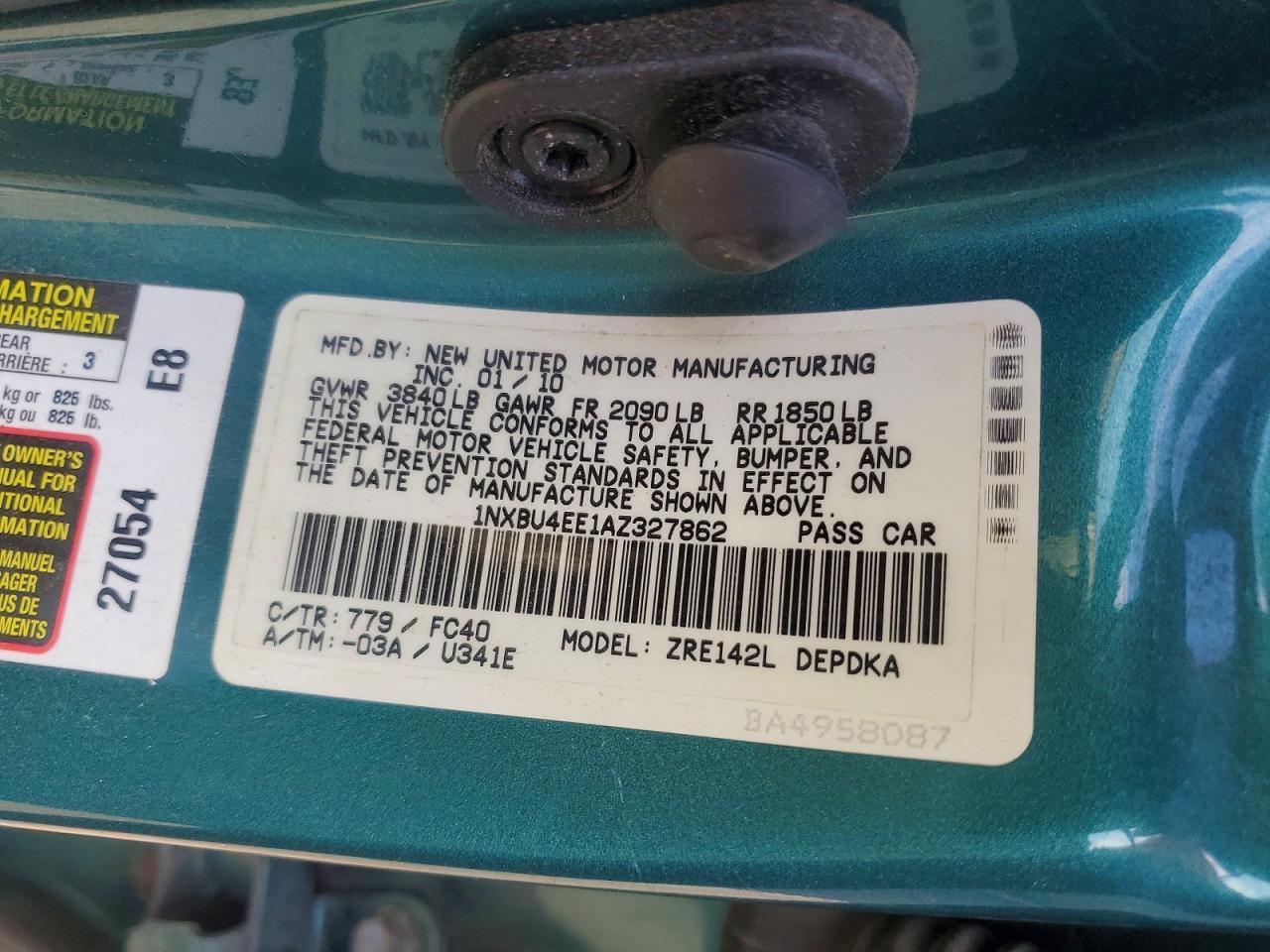 2010 Toyota Corolla Le Teal vin: 1NXBU4EE1AZ327862
