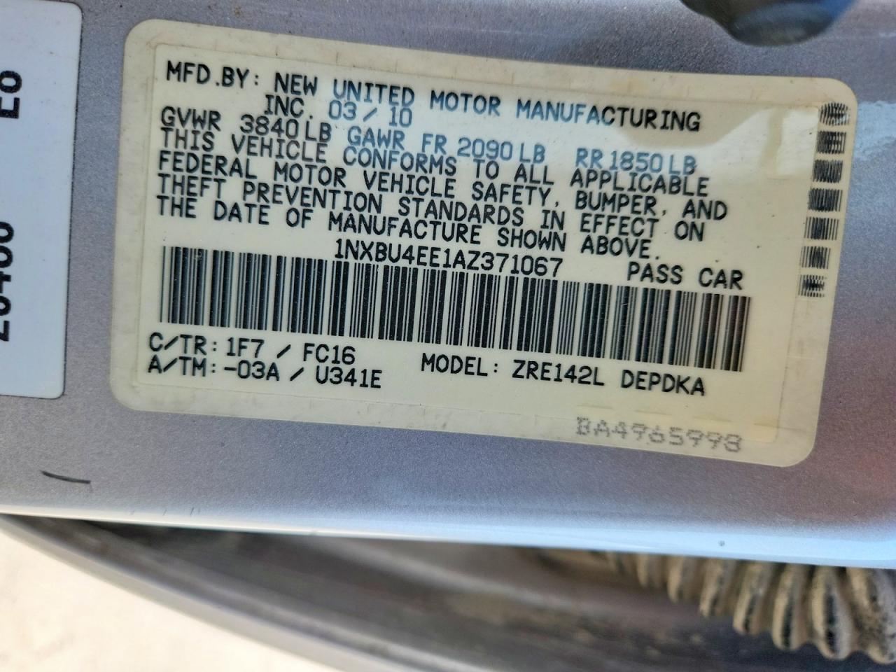 2010 Toyota Corolla Le Silver vin: 1NXBU4EE1AZ371067