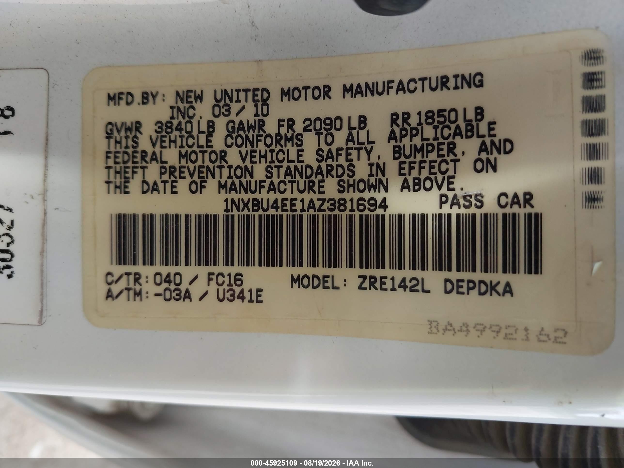 2010 Toyota Corolla Le Белый vin: 1NXBU4EE1AZ381694