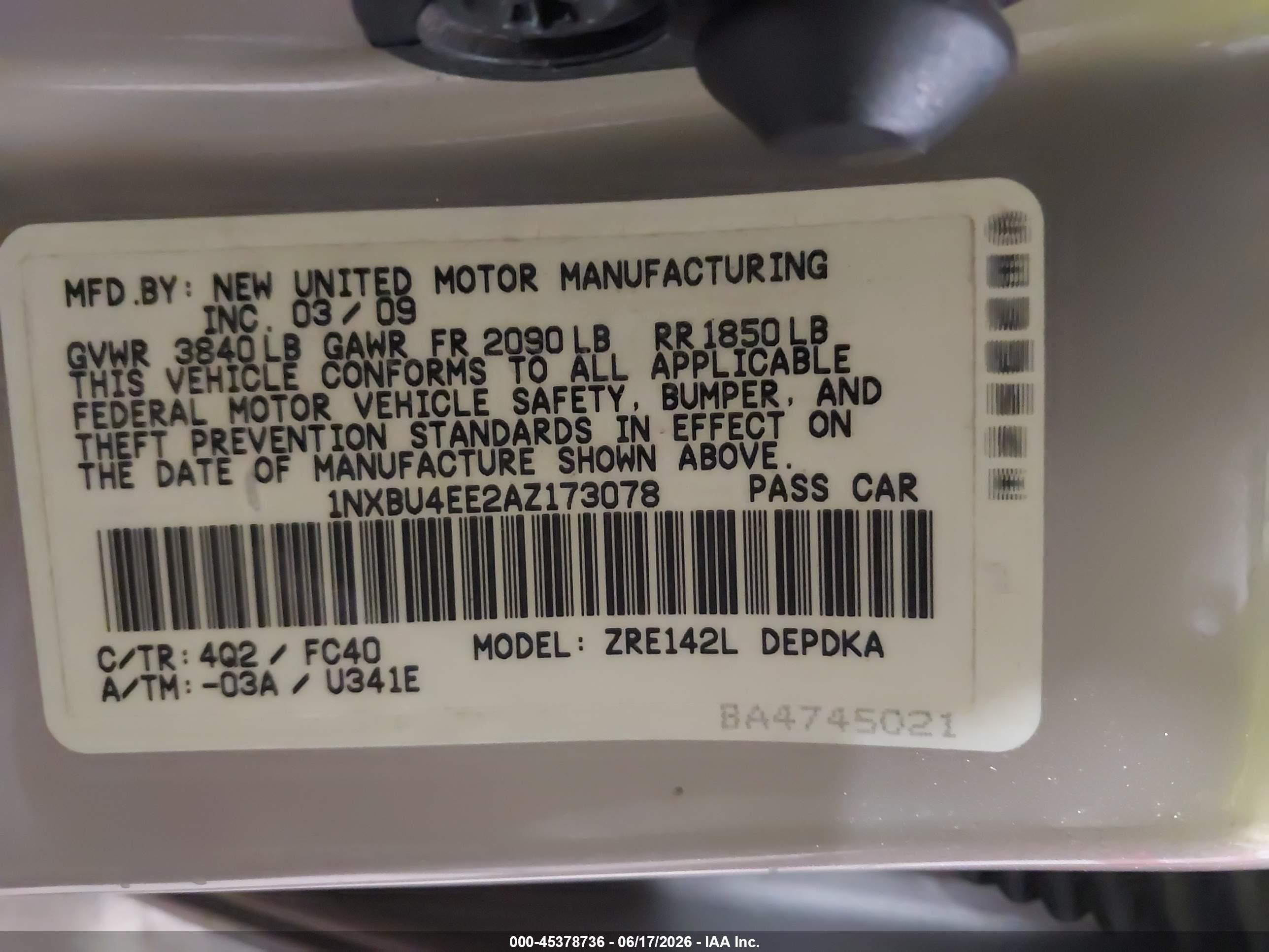 2010 Toyota Corolla Le Beige vin: 1NXBU4EE2AZ173078