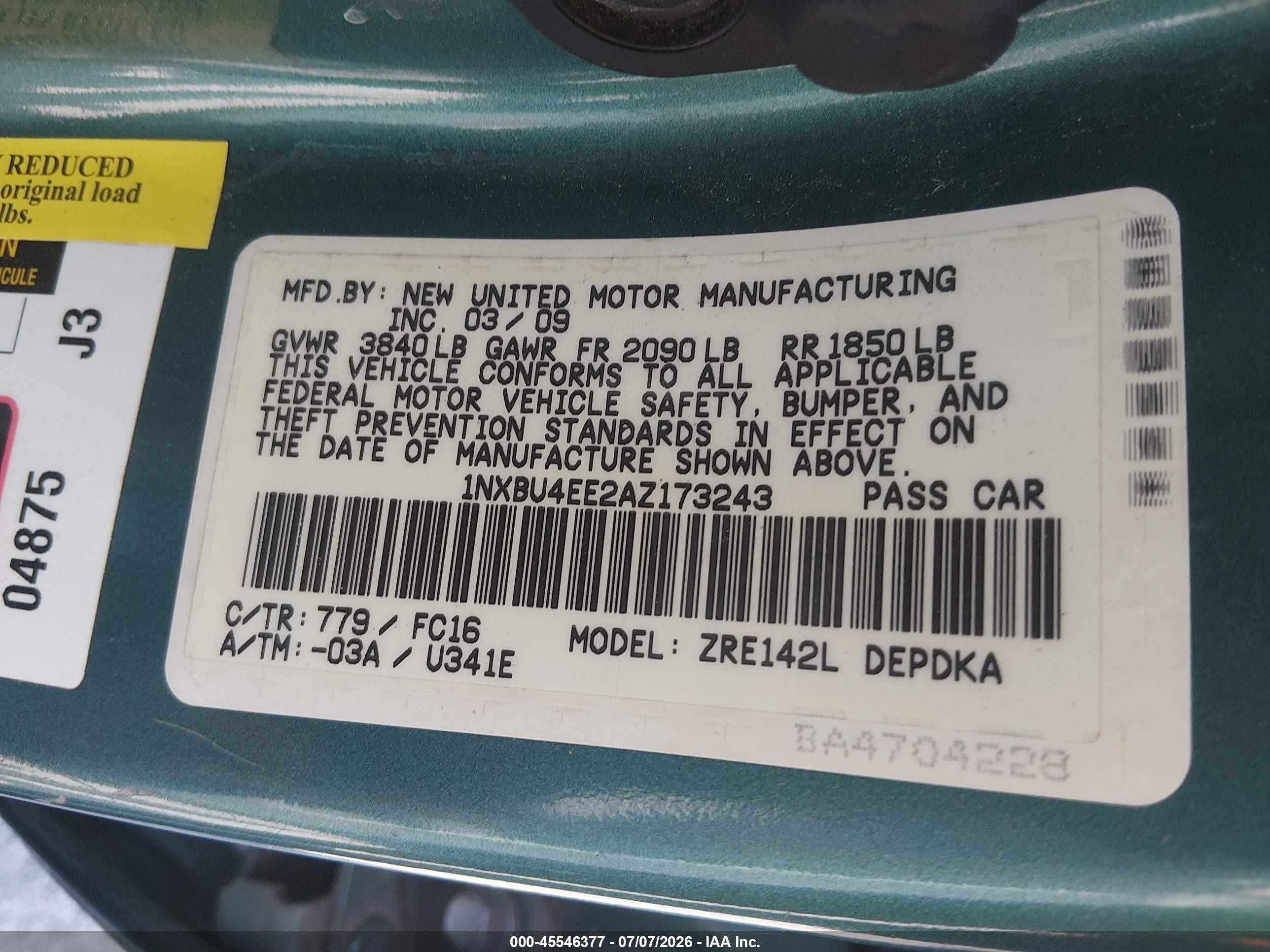 2010 Toyota Corolla Le Green vin: 1NXBU4EE2AZ173243