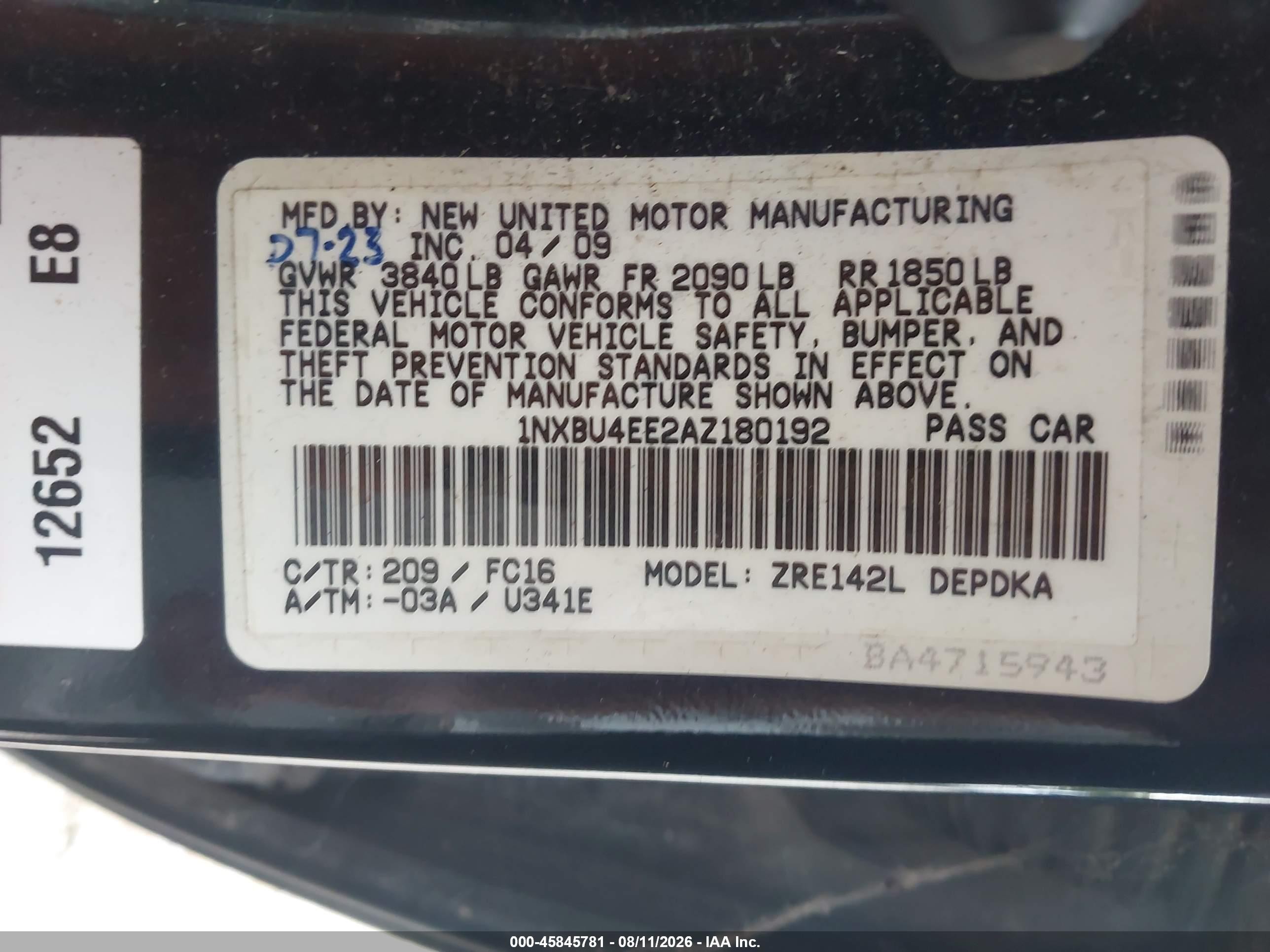 2010 Toyota Corolla Le Black vin: 1NXBU4EE2AZ180192