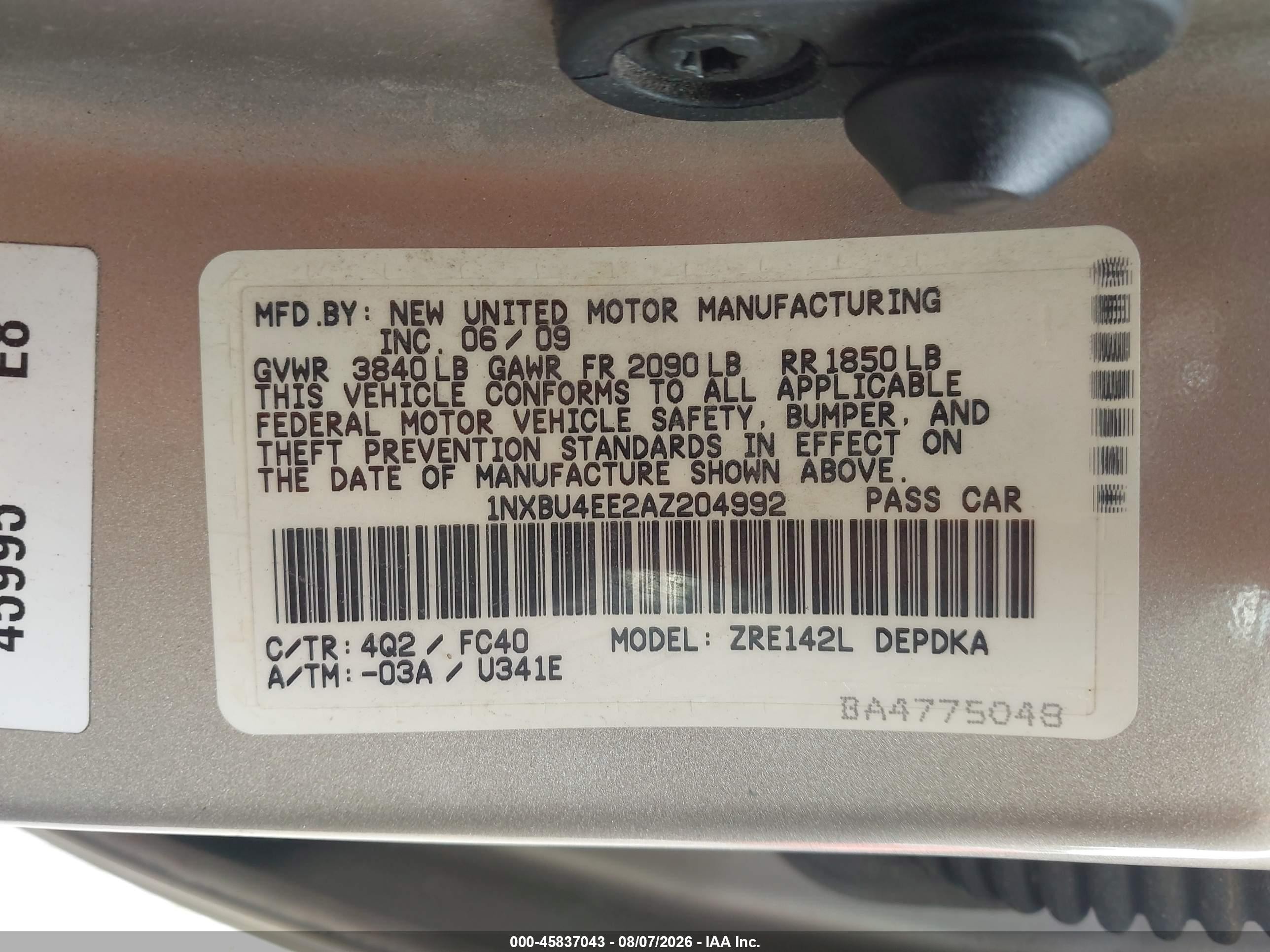 2010 Toyota Corolla Le Tan vin: 1NXBU4EE2AZ204992