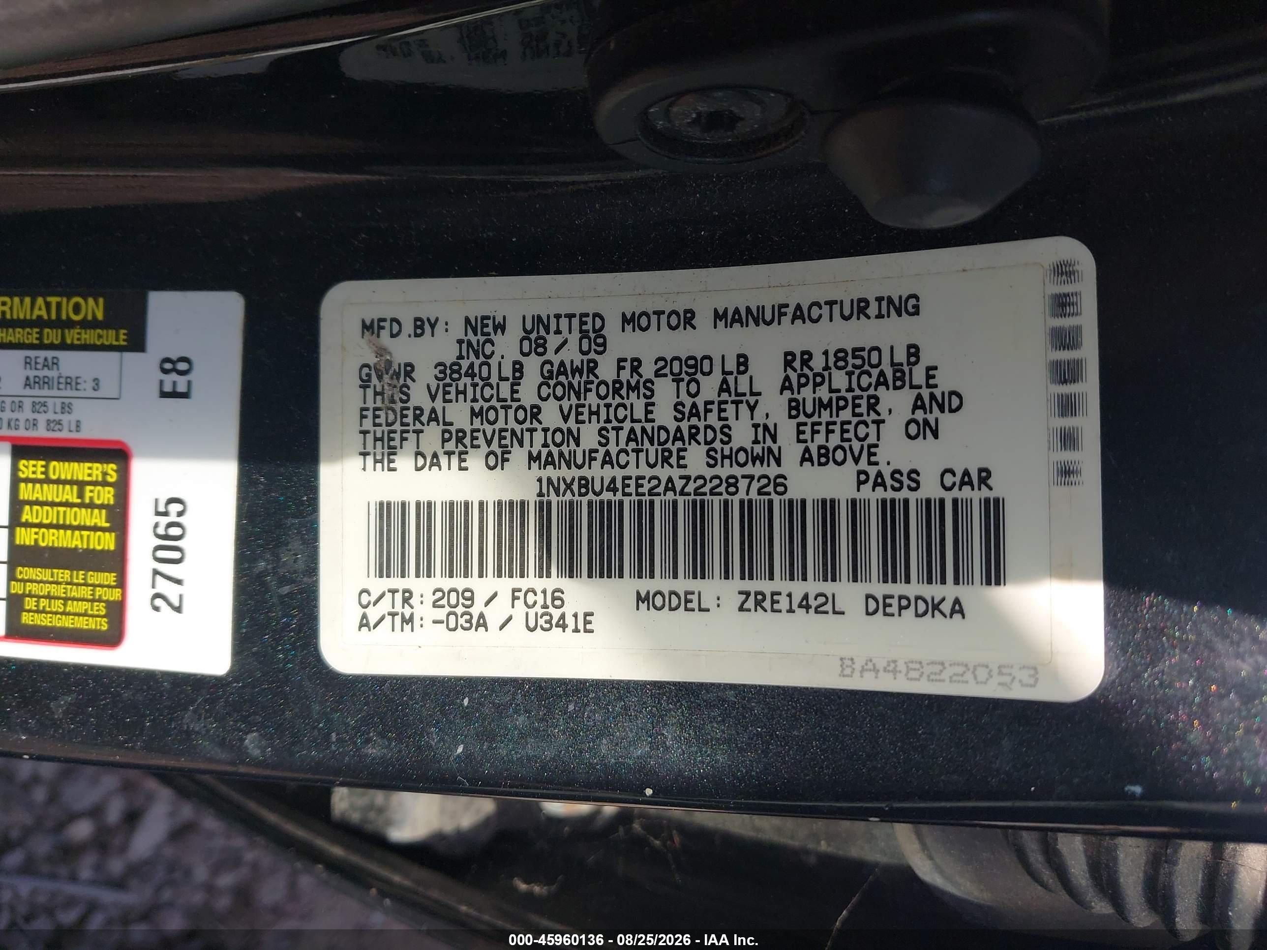2010 Toyota Corolla Le Black vin: 1NXBU4EE2AZ228726