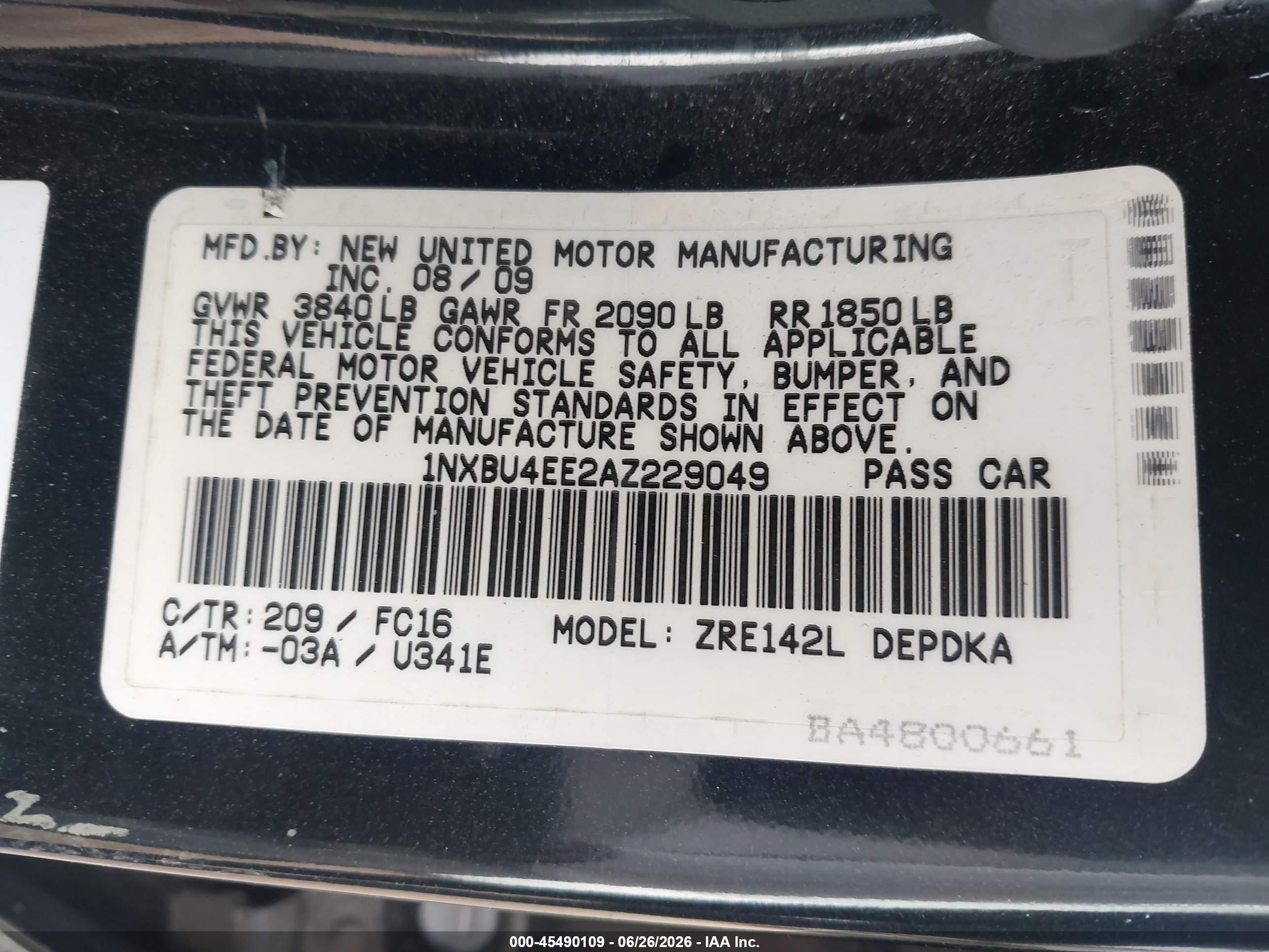 2010 Toyota Corolla Le Black vin: 1NXBU4EE2AZ229049