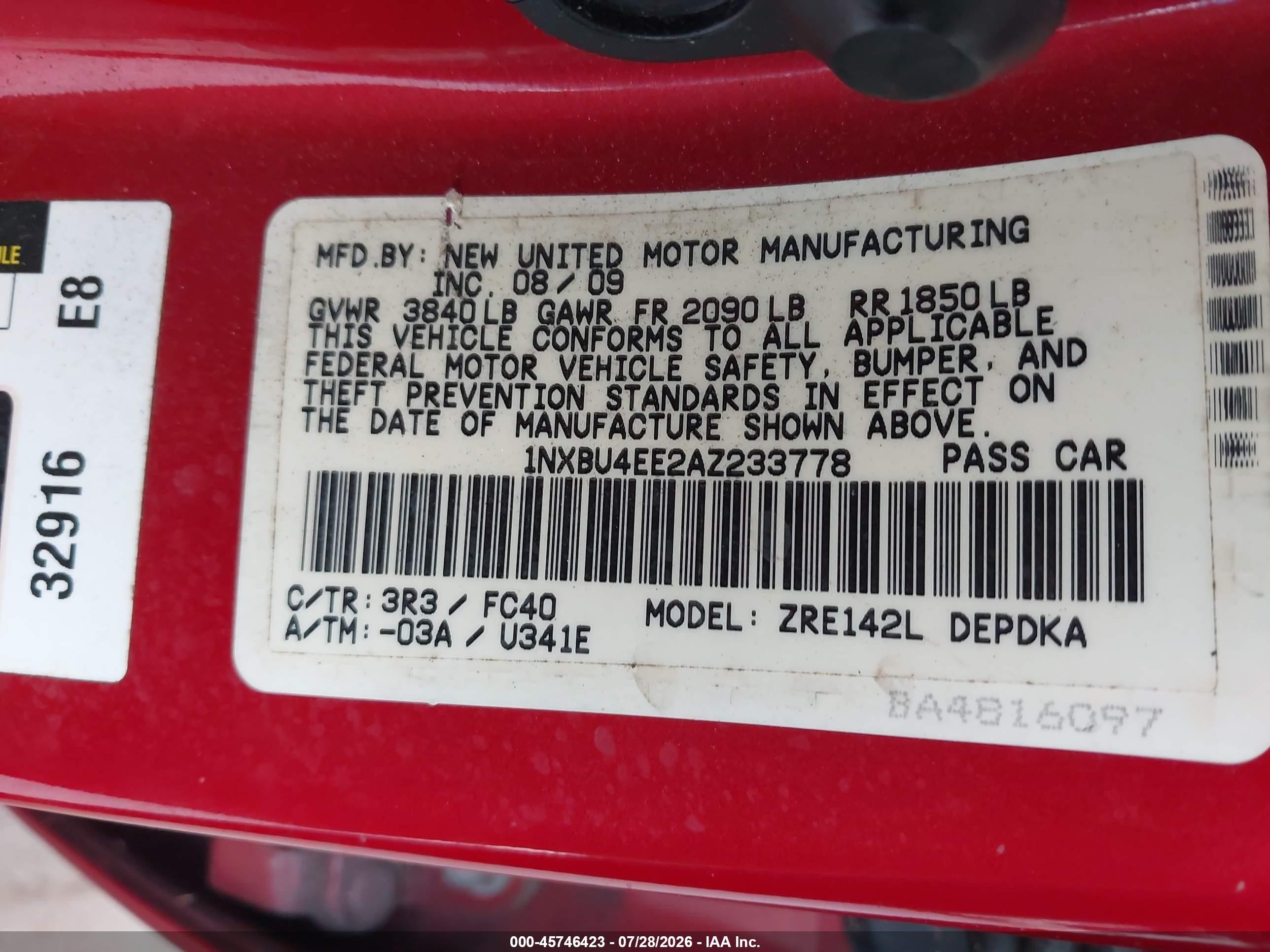 2010 Toyota Corolla Le Red vin: 1NXBU4EE2AZ233778